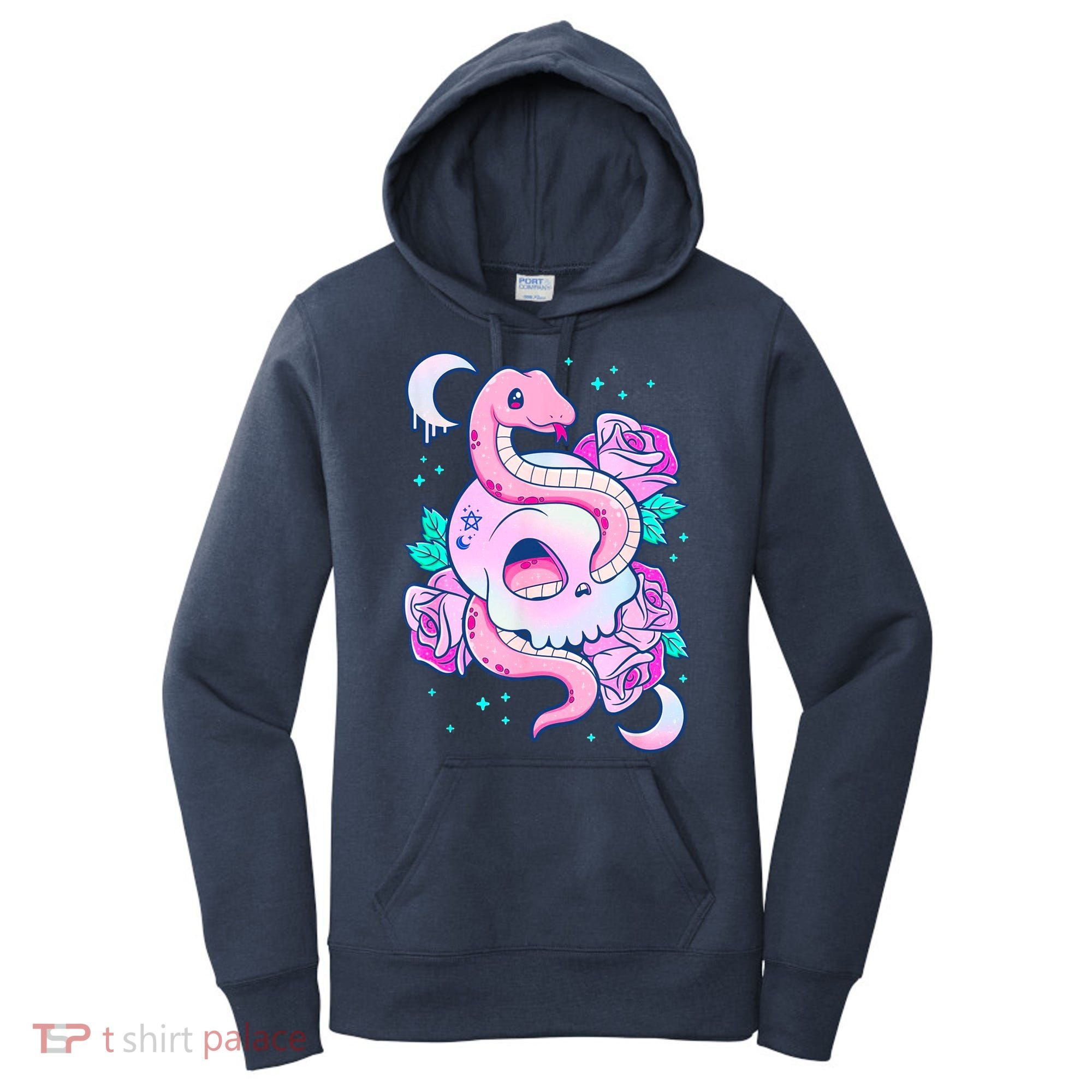Kawaii Pastel Goth Cute Creepy Skull Serpent Snake Roses Women's Hoodie