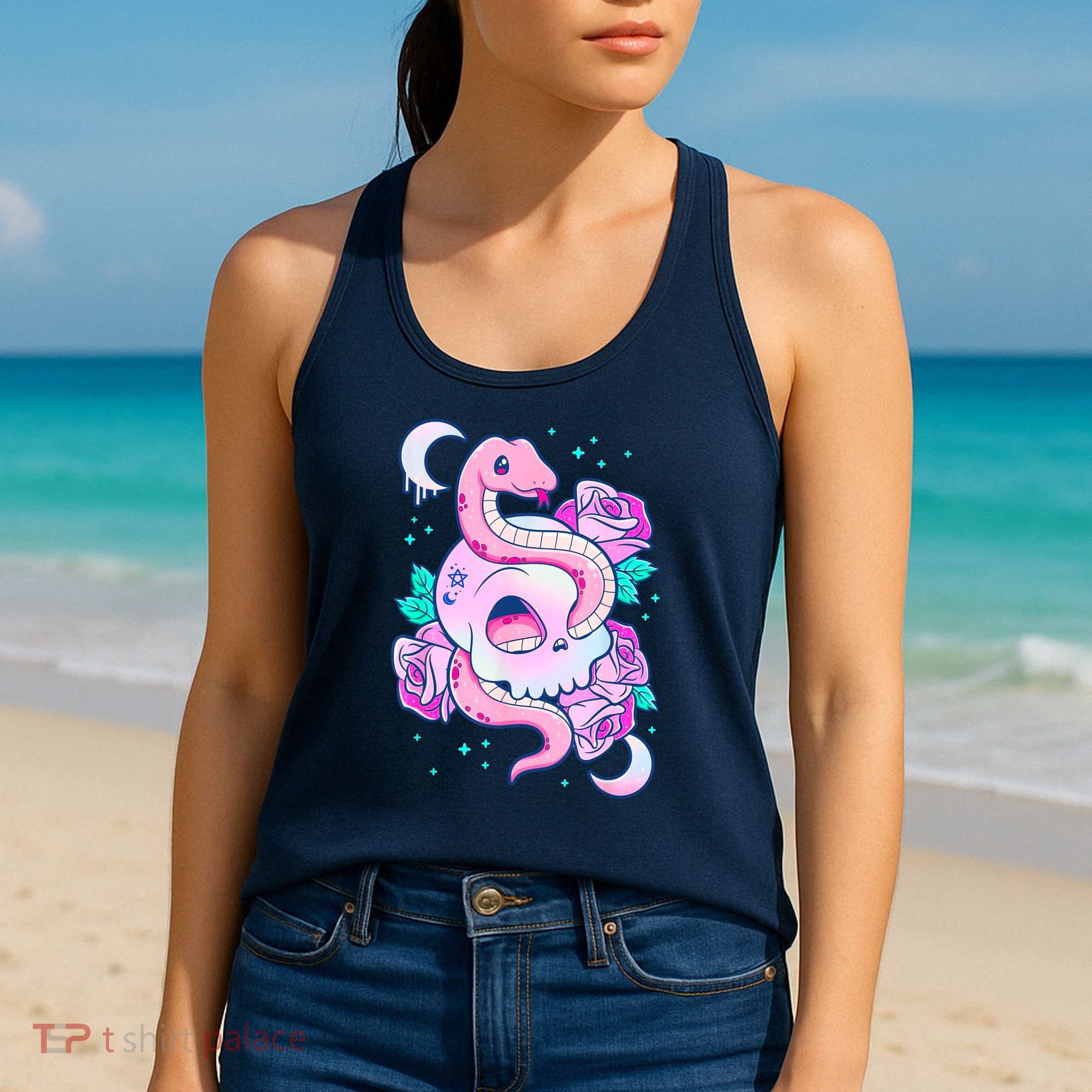 Kawaii Pastel Goth Cute Creepy Skull Serpent Snake Roses Women's Tank Top