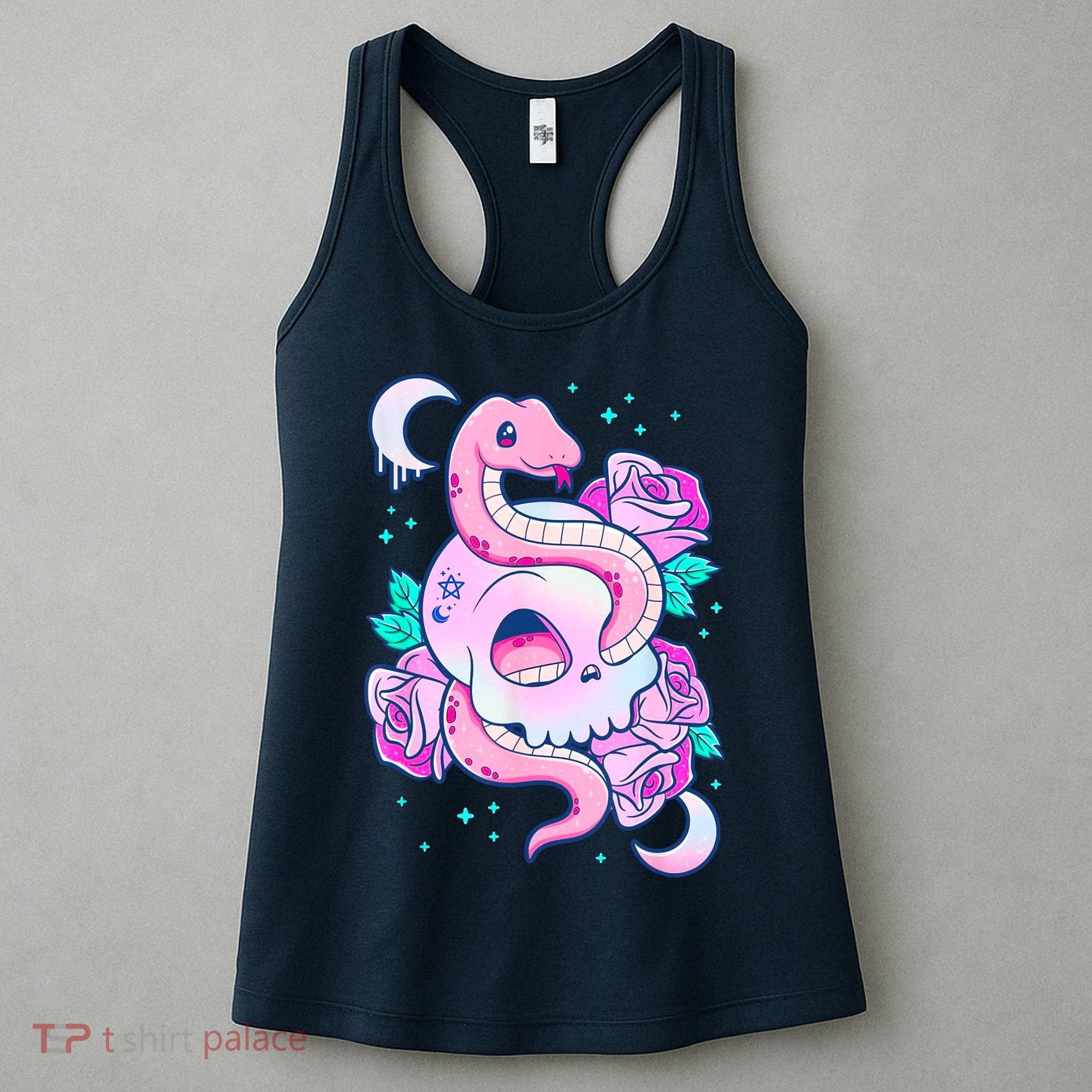 Kawaii Pastel Goth Cute Creepy Skull Serpent Snake Roses Women's Tank Top