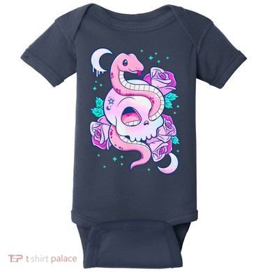 Kawaii Pastel Goth Cute Creepy Skull Serpent Snake Roses Baby Bodysuit