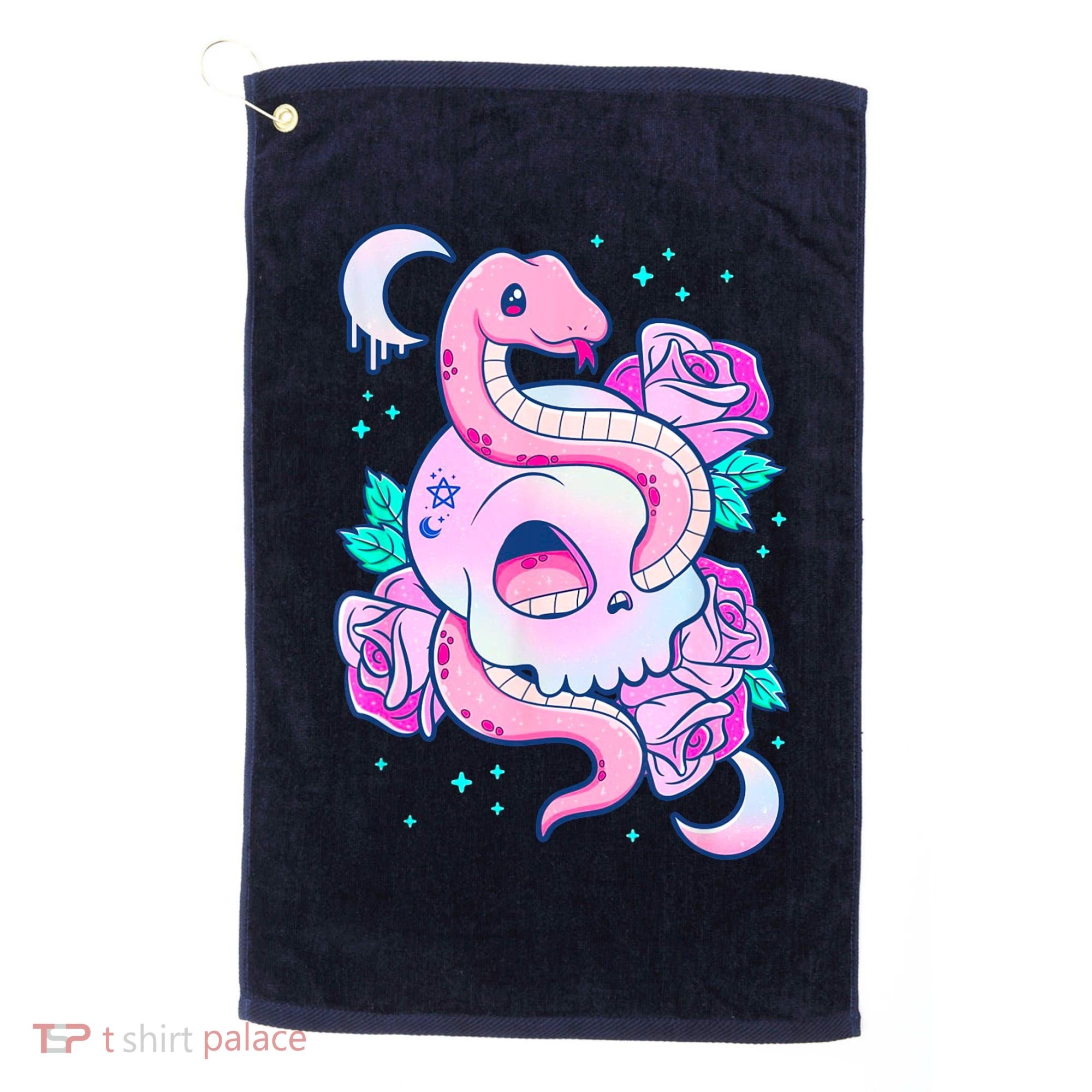 Kawaii Pastel Goth Cute Creepy Skull Serpent Snake Roses Golf Towel