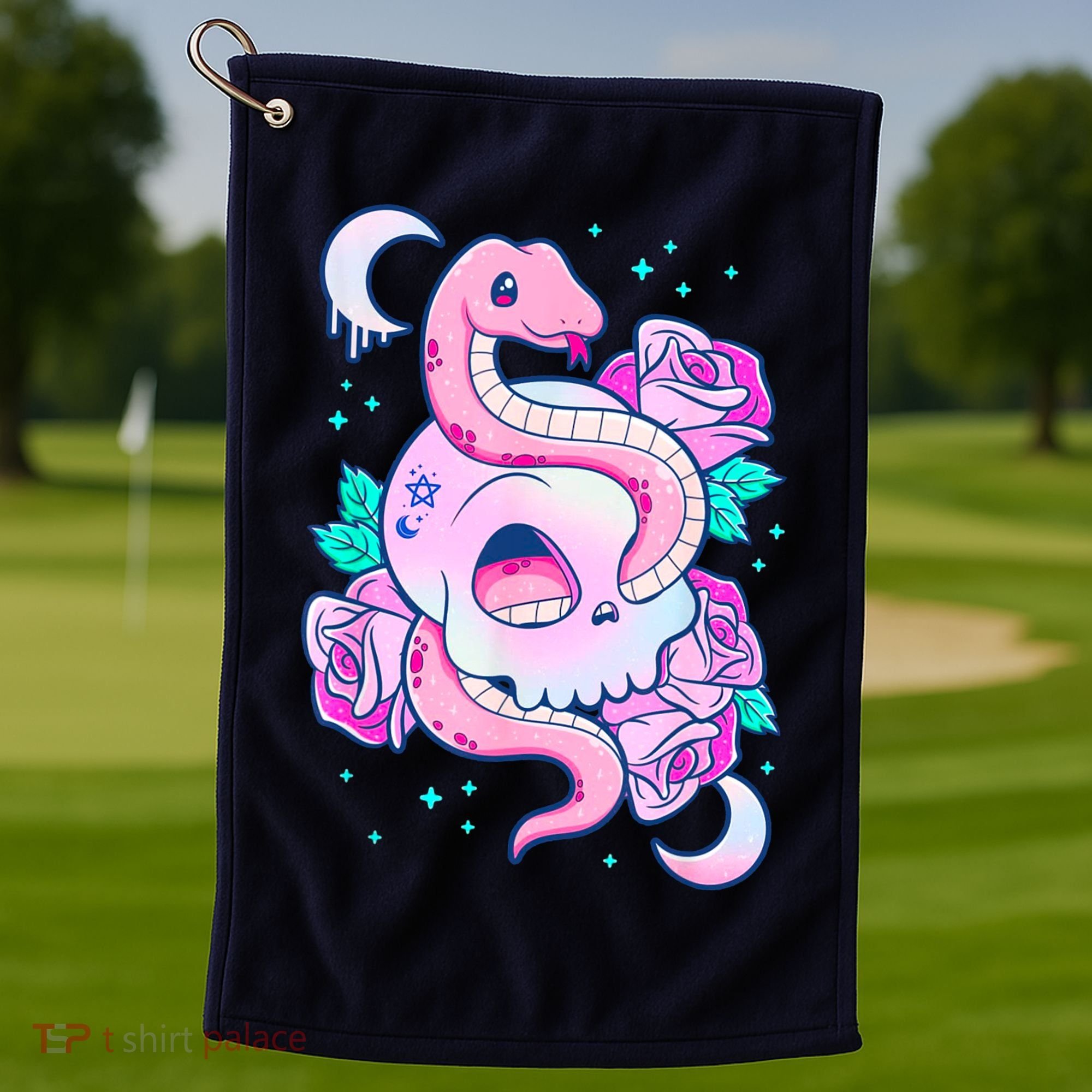 Kawaii Pastel Goth Cute Creepy Skull Serpent Snake Roses Golf Towel
