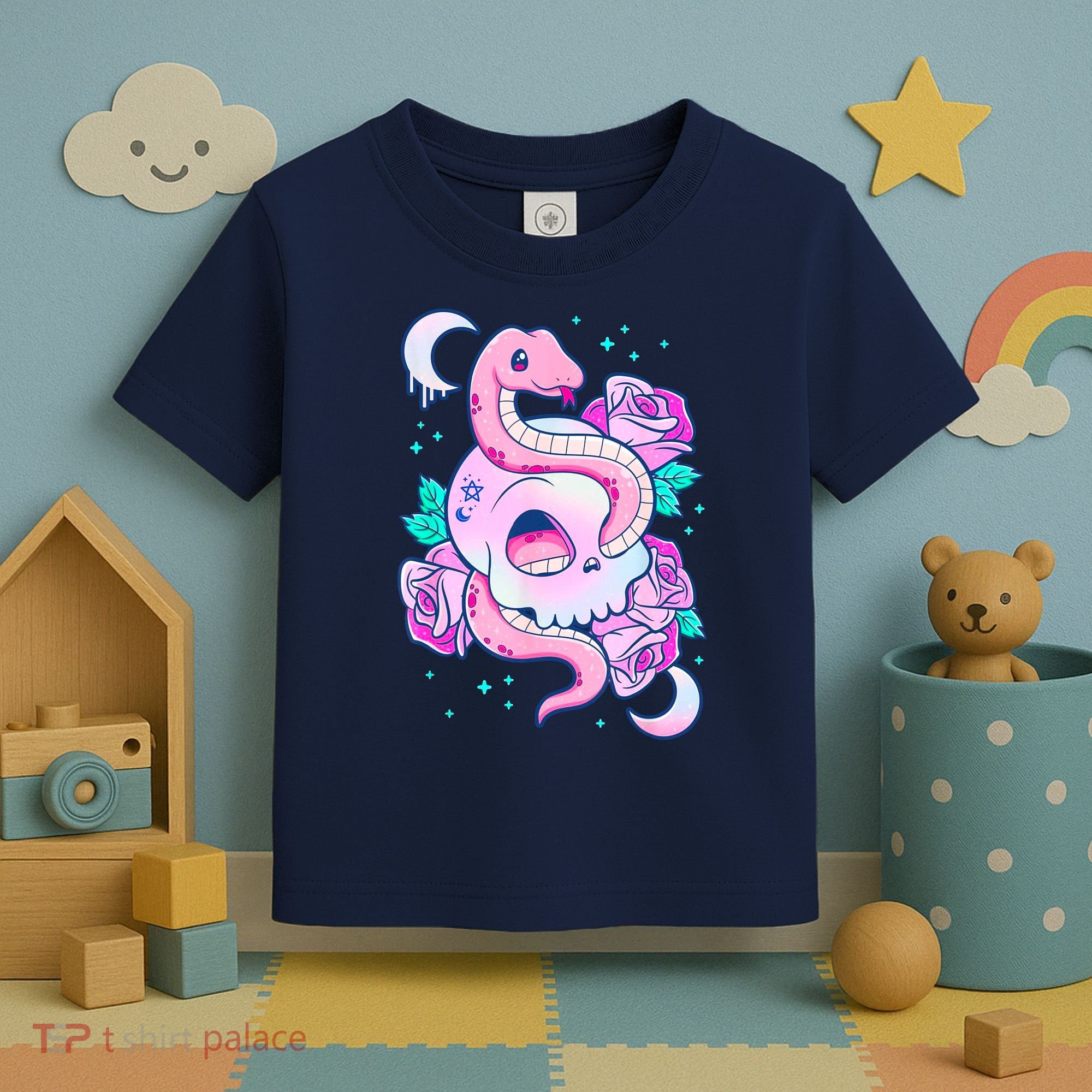 Kawaii Pastel Goth Cute Creepy Skull Serpent Snake Roses Toddler T-Shirt