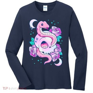 Kawaii Pastel Goth Cute Creepy Skull Serpent Snake Roses Women's Long Sleeve Shirt