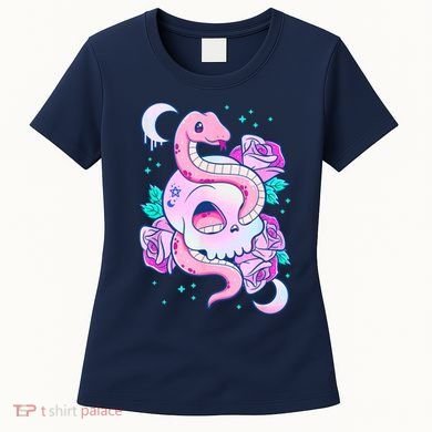Kawaii Pastel Goth Cute Creepy Skull Serpent Snake Roses Women's T-Shirt