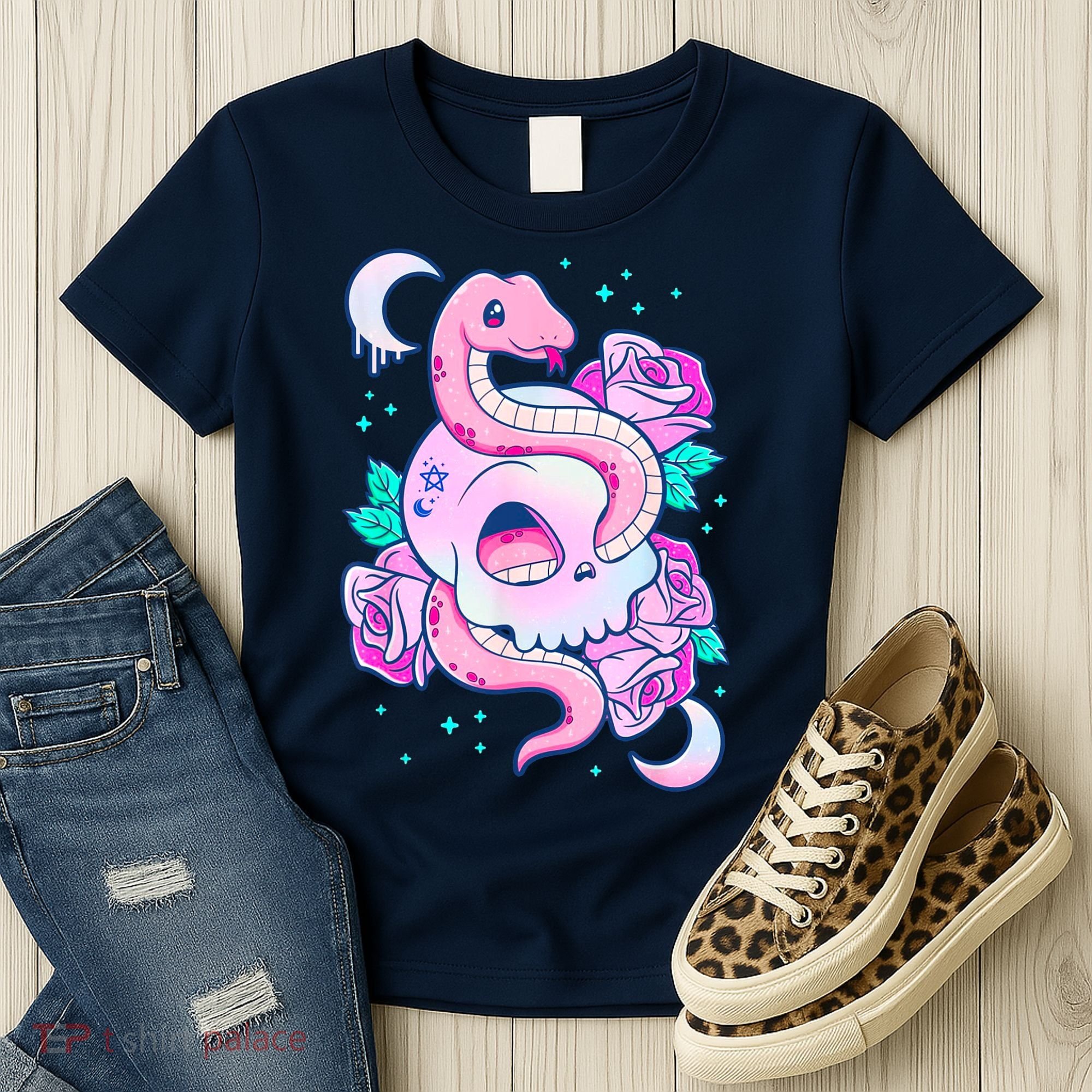Kawaii Pastel Goth Cute Creepy Skull Serpent Snake Roses Women's T-Shirt