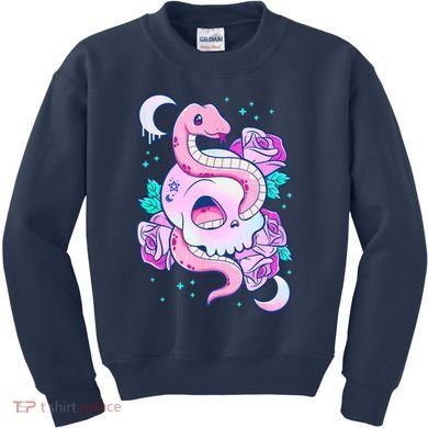 Kawaii Pastel Goth Cute Creepy Skull Serpent Snake Roses Kids Sweatshirt