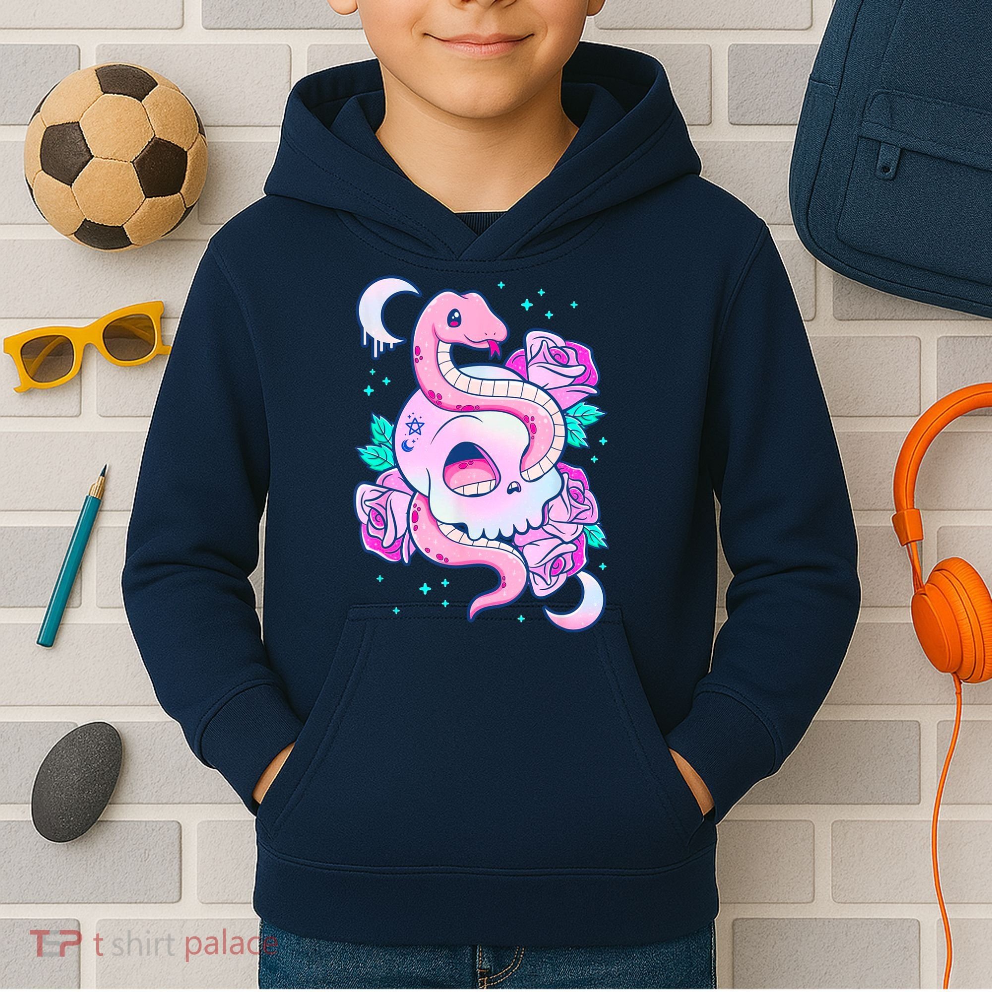 Kawaii Pastel Goth Cute Creepy Skull Serpent Snake Roses Kids Hoodie