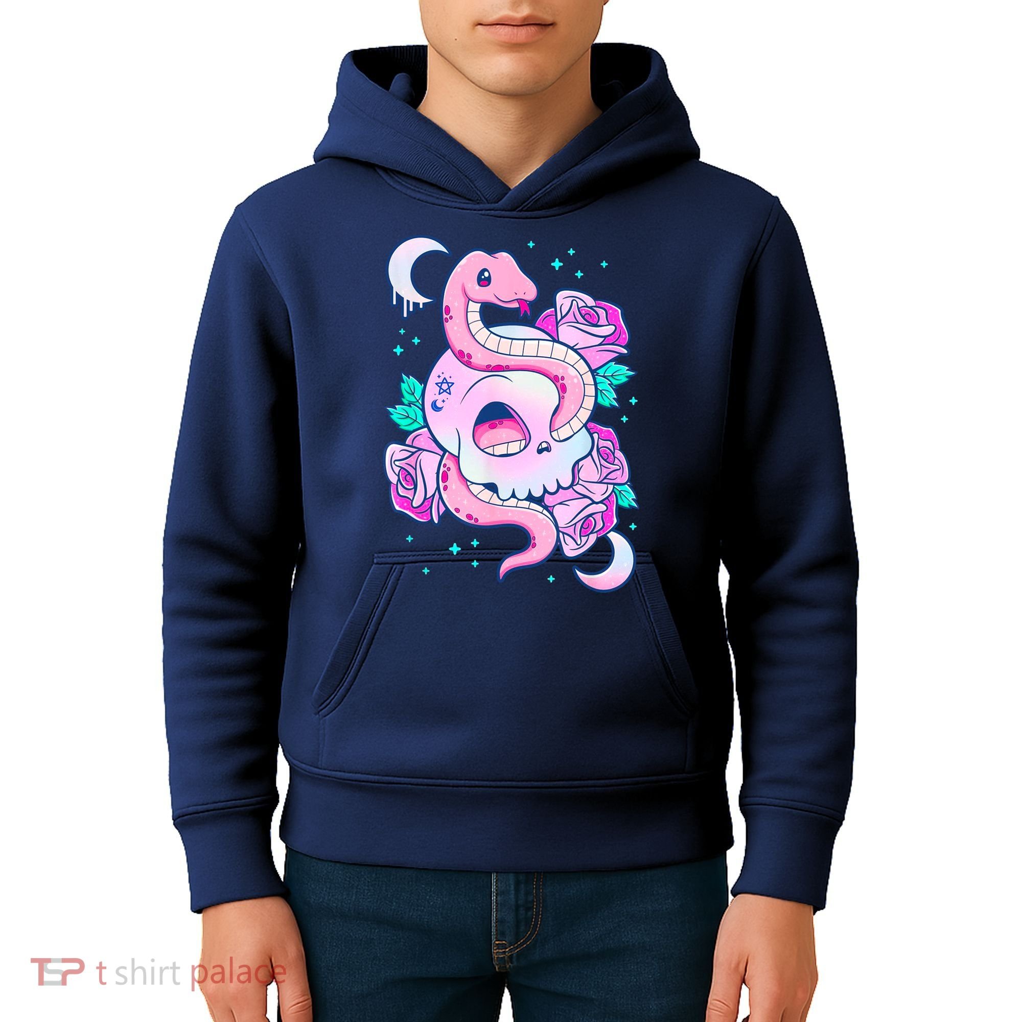 Kawaii Pastel Goth Cute Creepy Skull Serpent Snake Roses Kids Hoodie