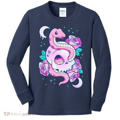Kawaii Pastel Goth Cute Creepy Skull Serpent Snake Roses Kids Long Sleeve Shirt