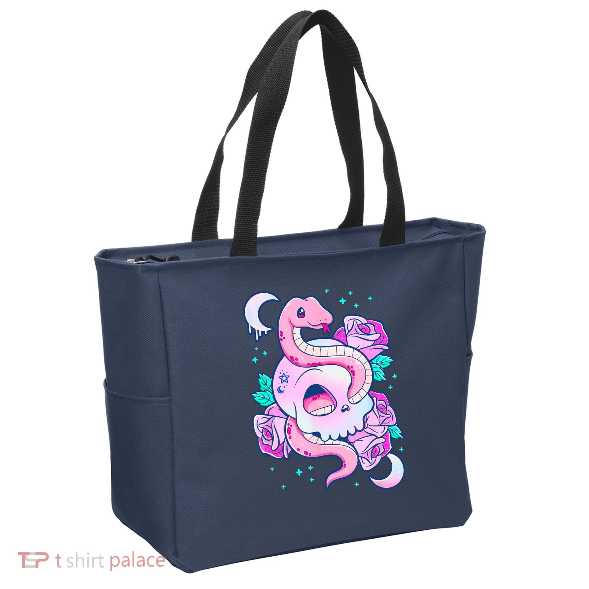 Kawaii Pastel Goth Cute Creepy Skull Serpent Snake Roses Tote Bag