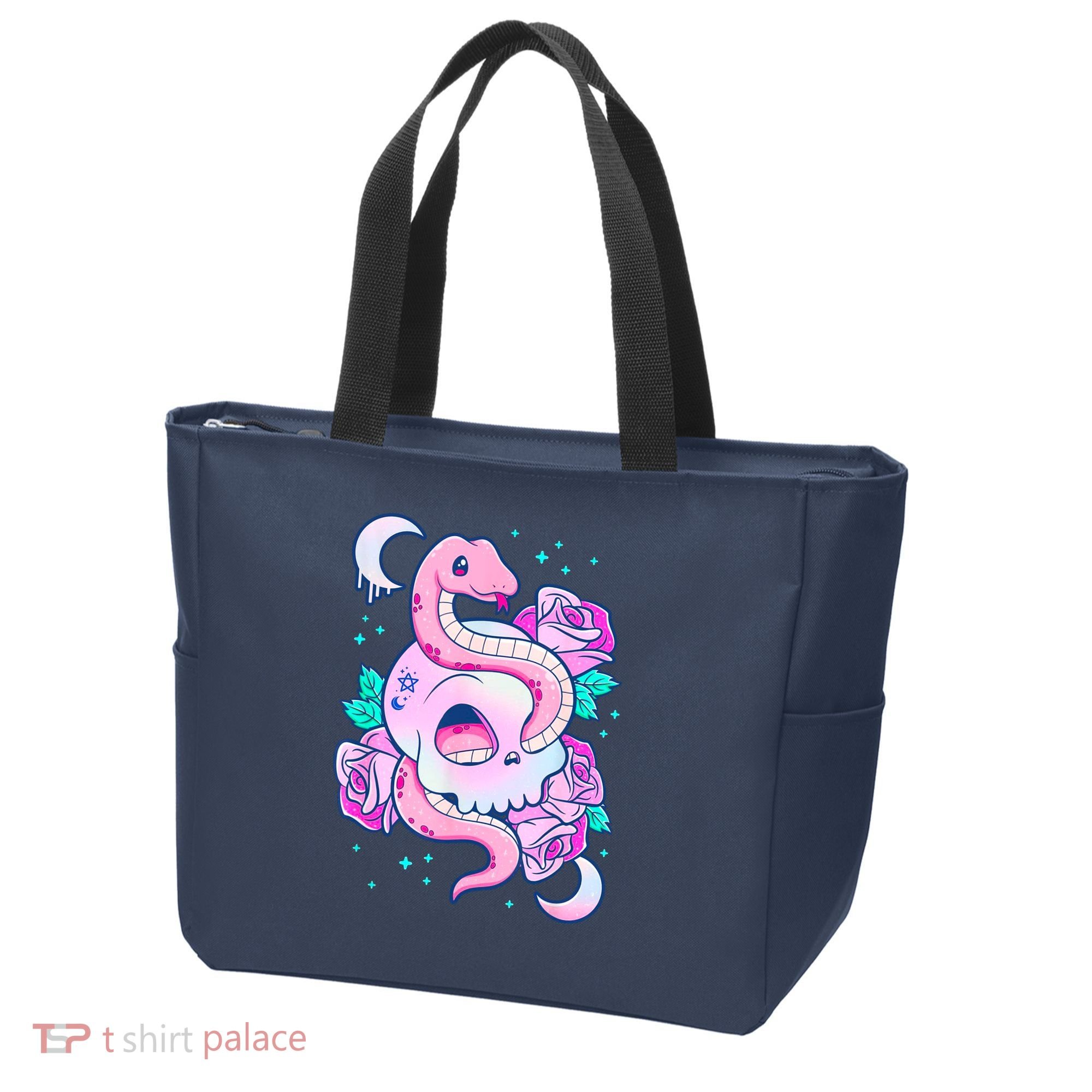 Kawaii Pastel Goth Cute Creepy Skull Serpent Snake Roses Tote Bag