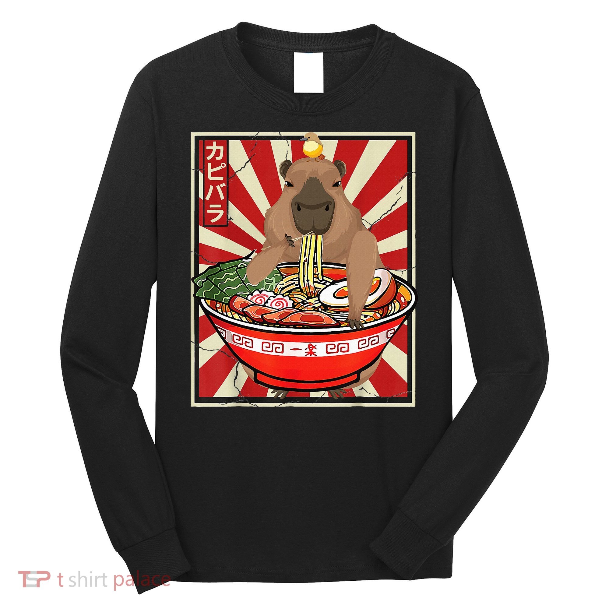 Kawaii bird Capybara Eating Ra Noodles Anime Japanese Long Sleeve Shirt