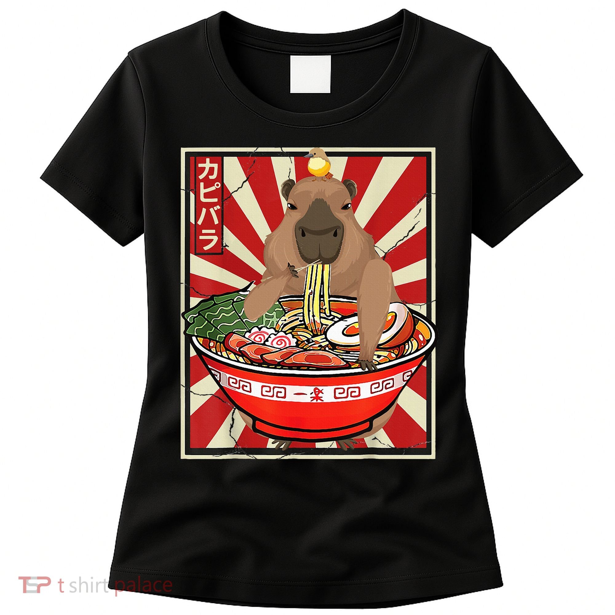 Kawaii bird Capybara Eating Ra Noodles Anime Japanese Women's T-Shirt