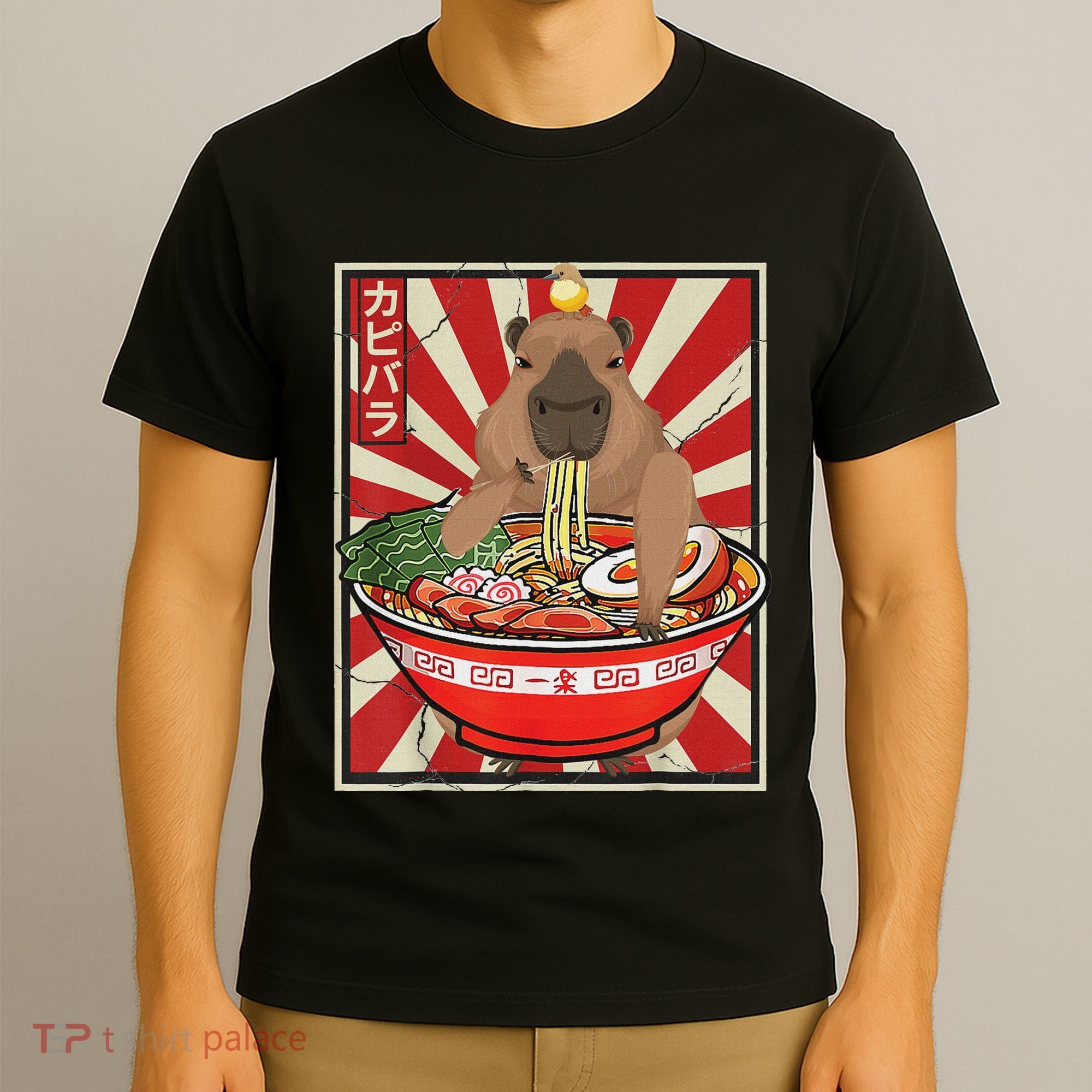 Kawaii Bird Capybara Eating Ramen Noodles Anime Japanese T-Shirt