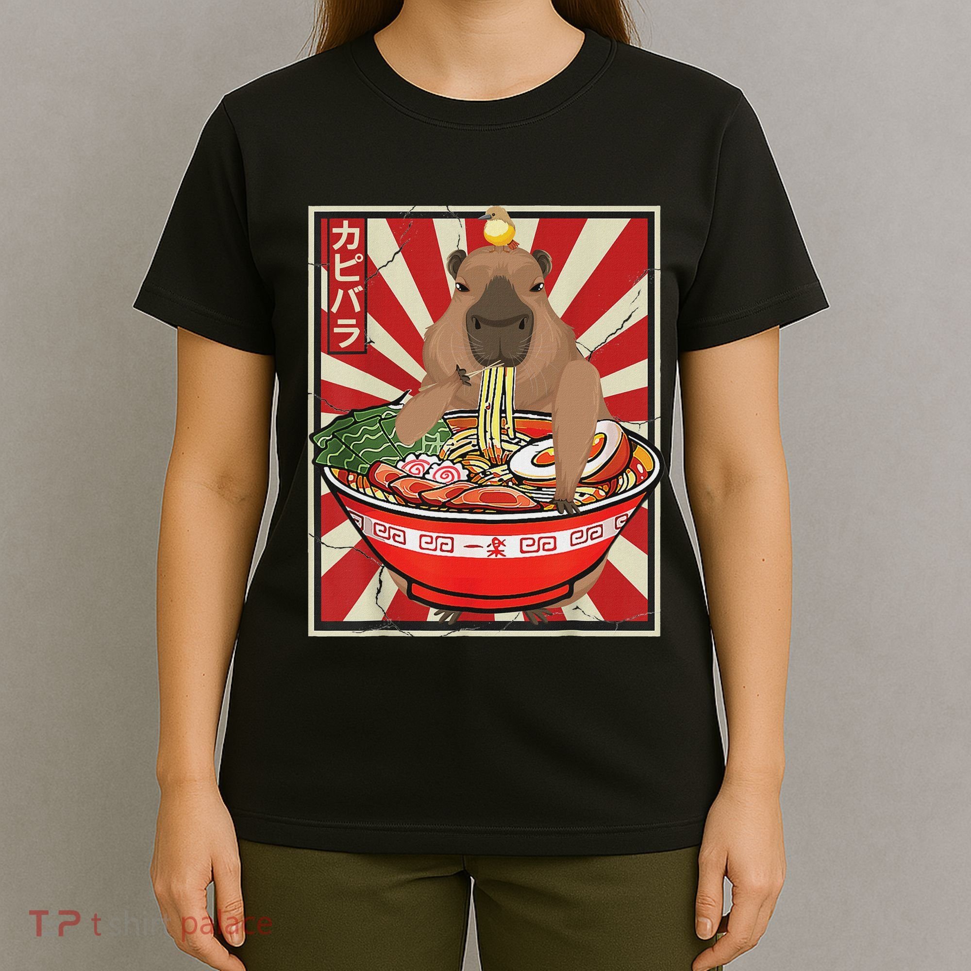 Kawaii Bird Capybara Eating Ramen Noodles Anime Japanese T-Shirt