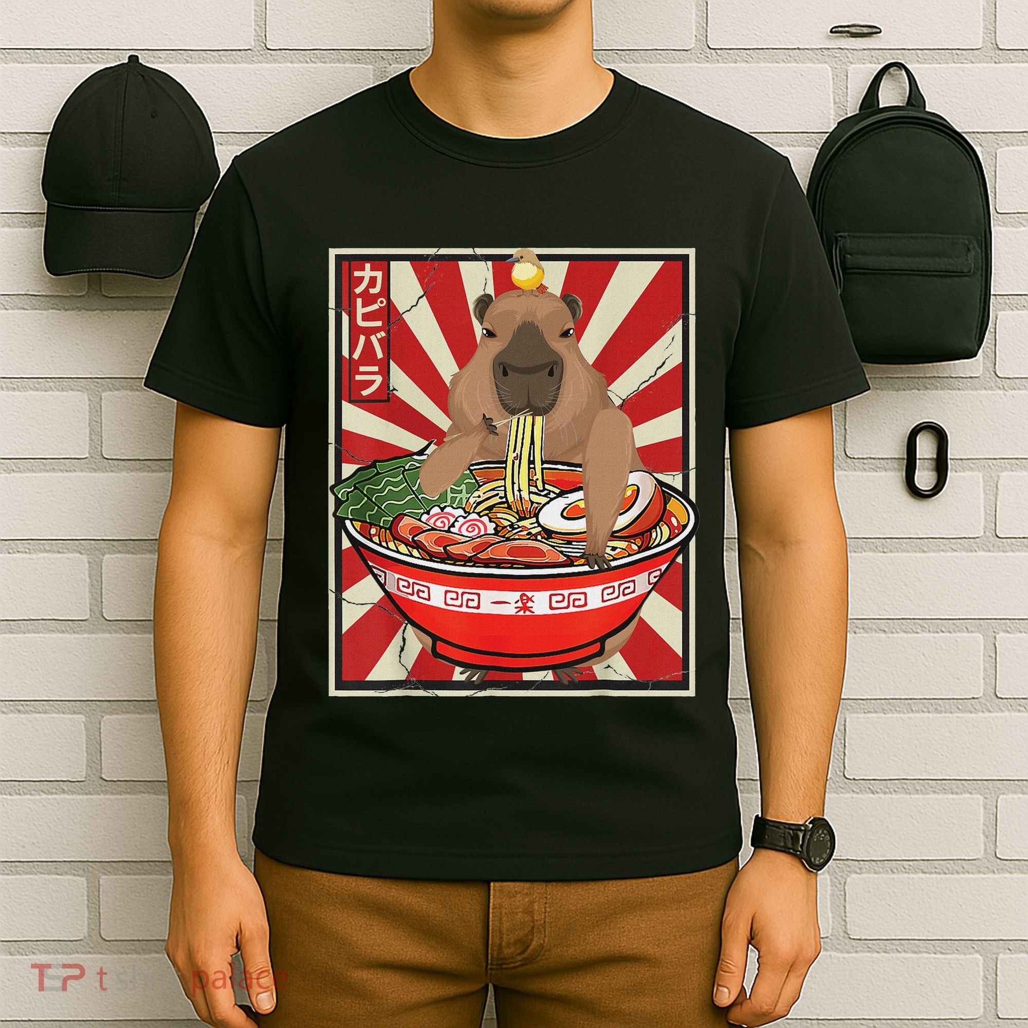 Kawaii Bird Capybara Eating Ramen Noodles Anime Japanese T-Shirt