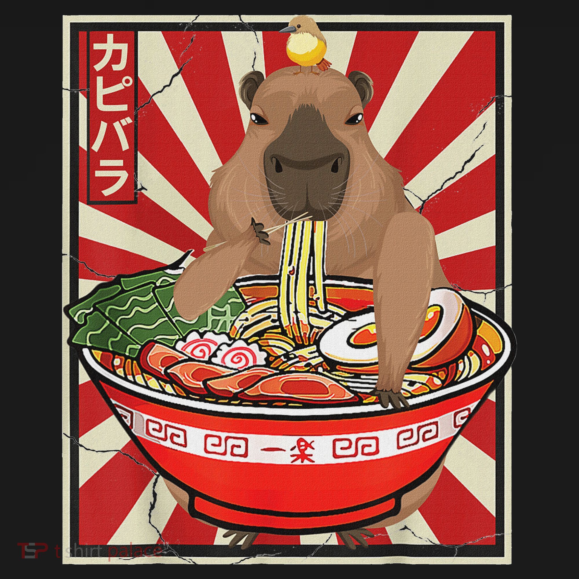 Kawaii Bird Capybara Eating Ramen Noodles Anime Japanese Button
