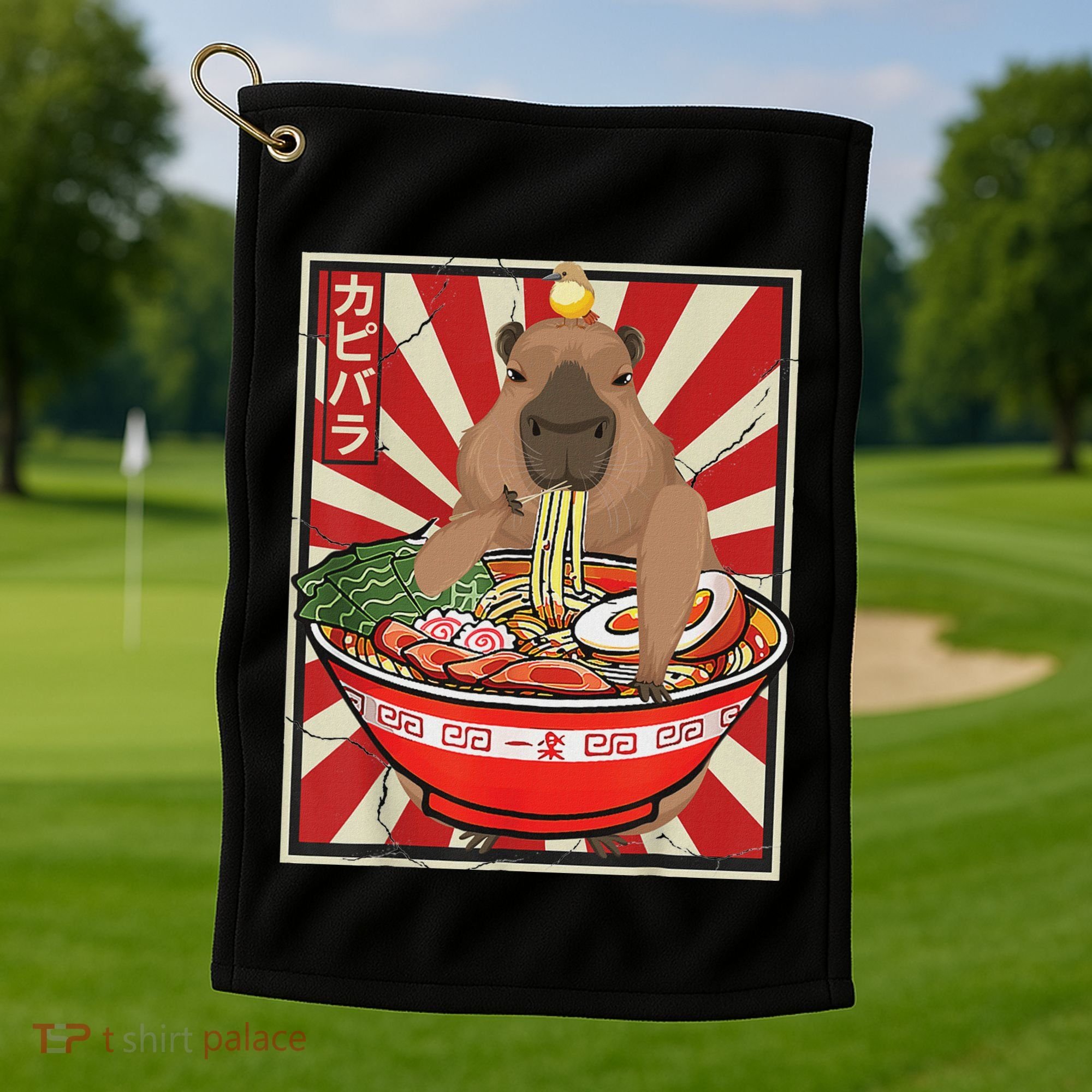 Kawaii Bird Capybara Eating Ramen Noodles Anime Japanese Golf Towel