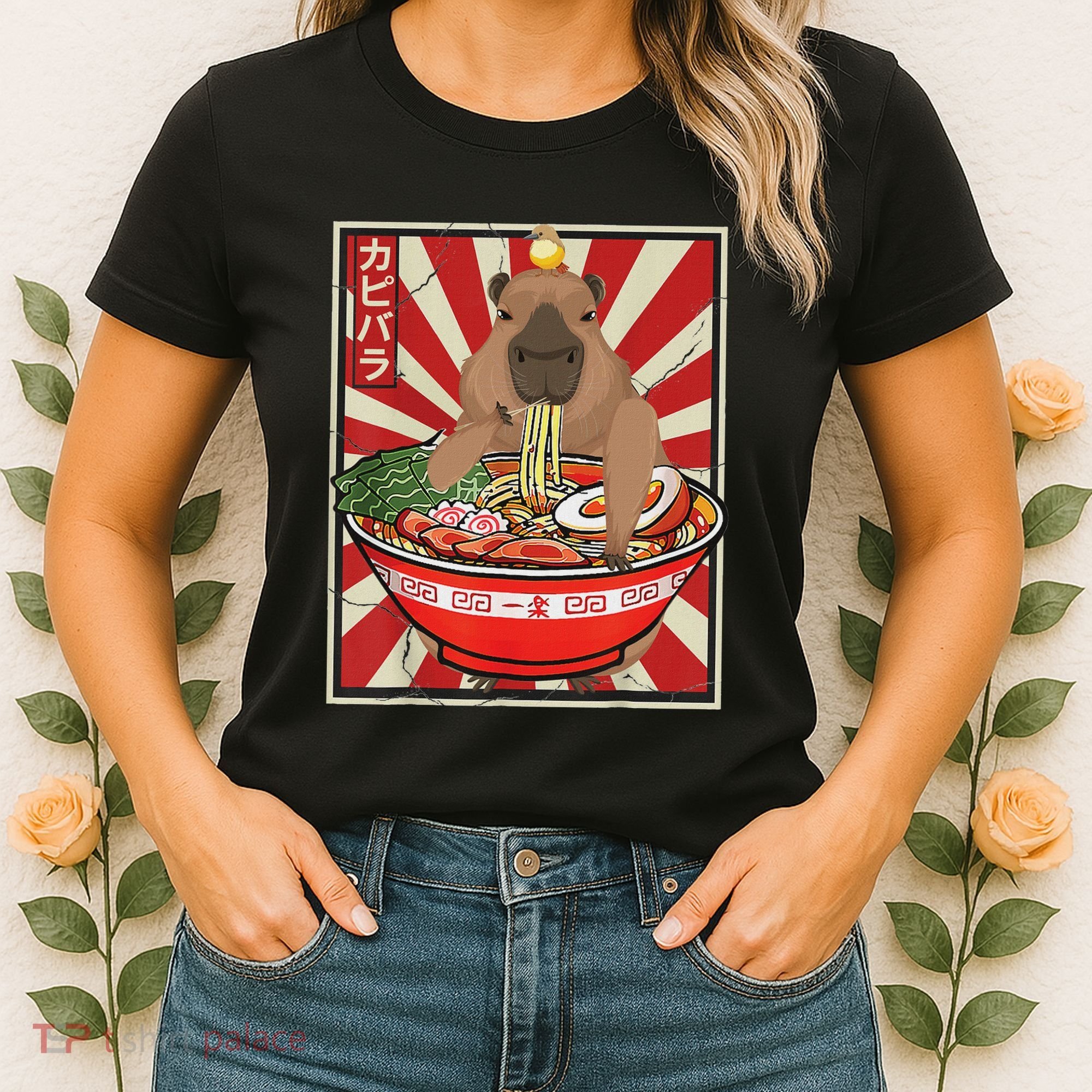 Kawaii Bird Capybara Eating Ramen Noodles Anime Japanese Women's T-Shirt
