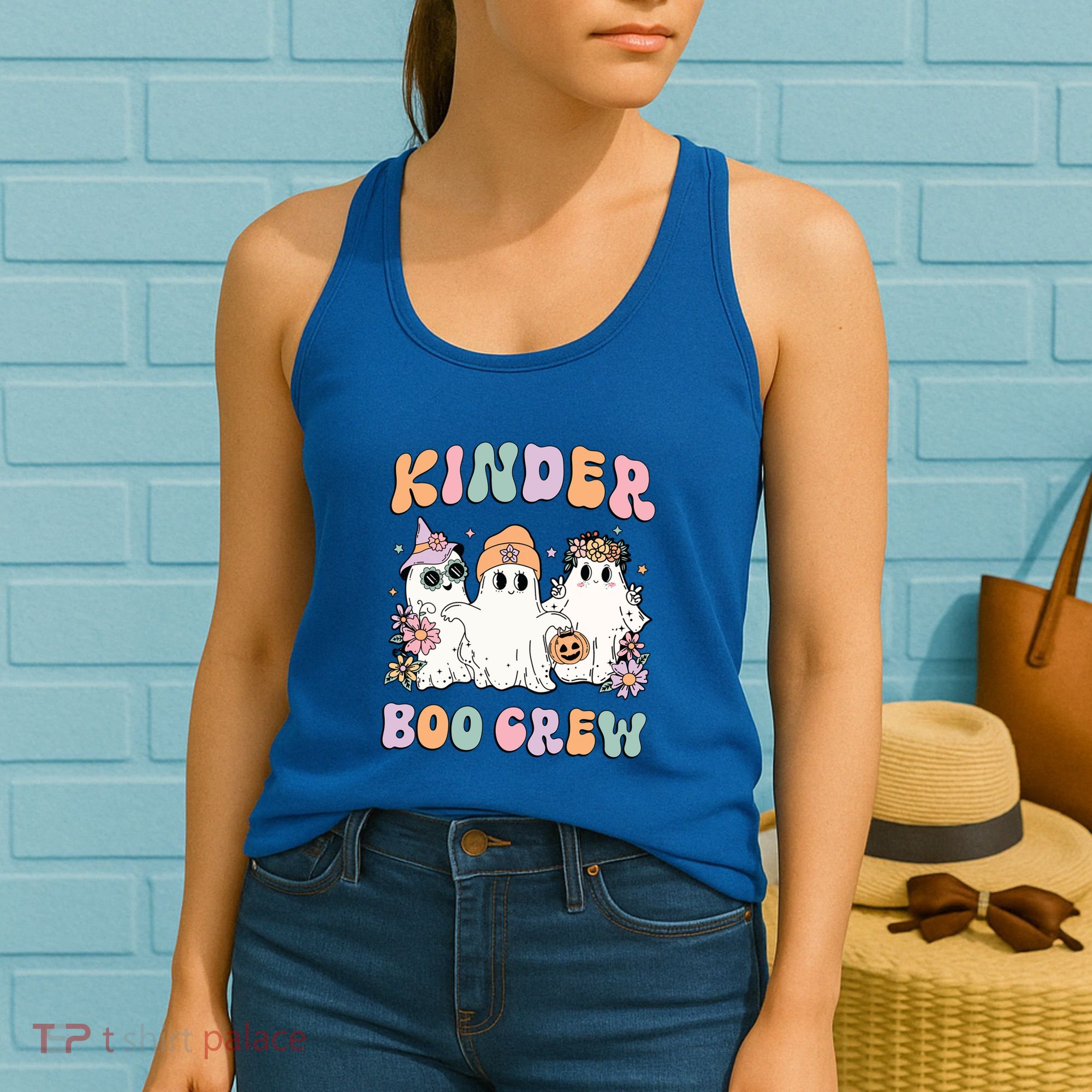Kinder Boo Crew Halloween Floral Ghost Kindergarten Teacher Great Gift Women's Tank Top
