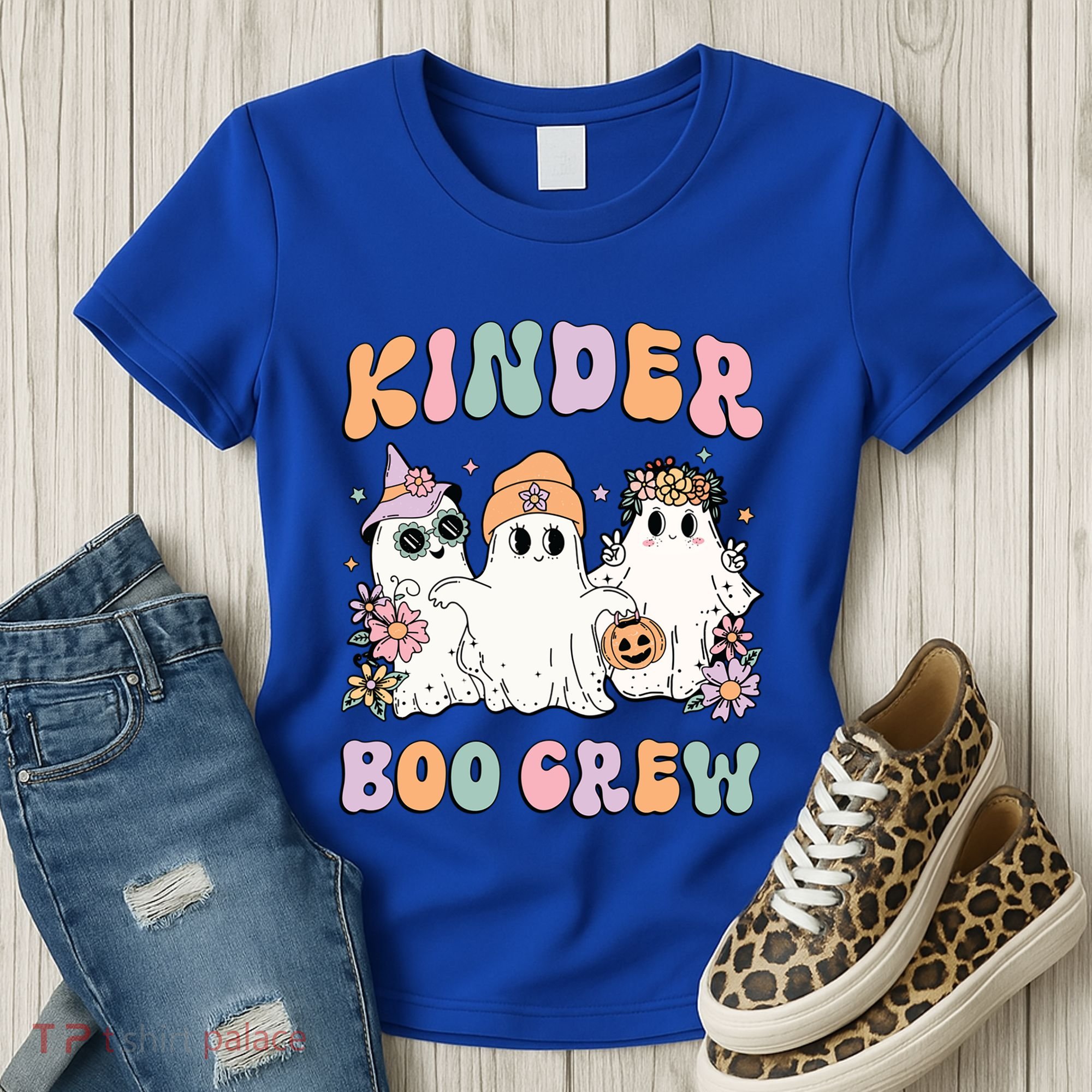 Kinder Boo Crew Halloween Floral Ghost Kindergarten Teacher Great Gift Women's T-Shirt