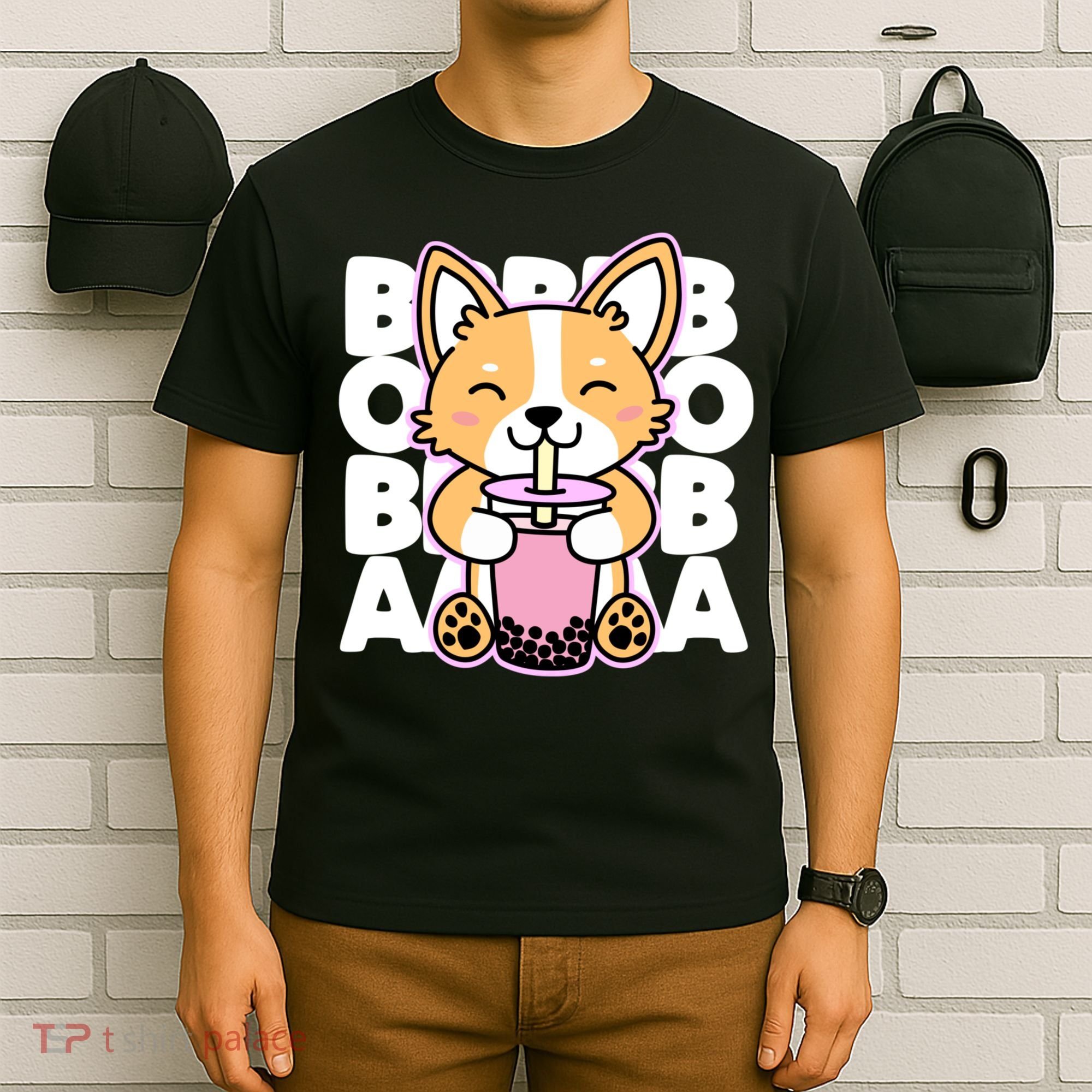 Kawaii Boba Cute Anime Dog Corgi Kawaii Tea Drjnk Dark T-Shirt