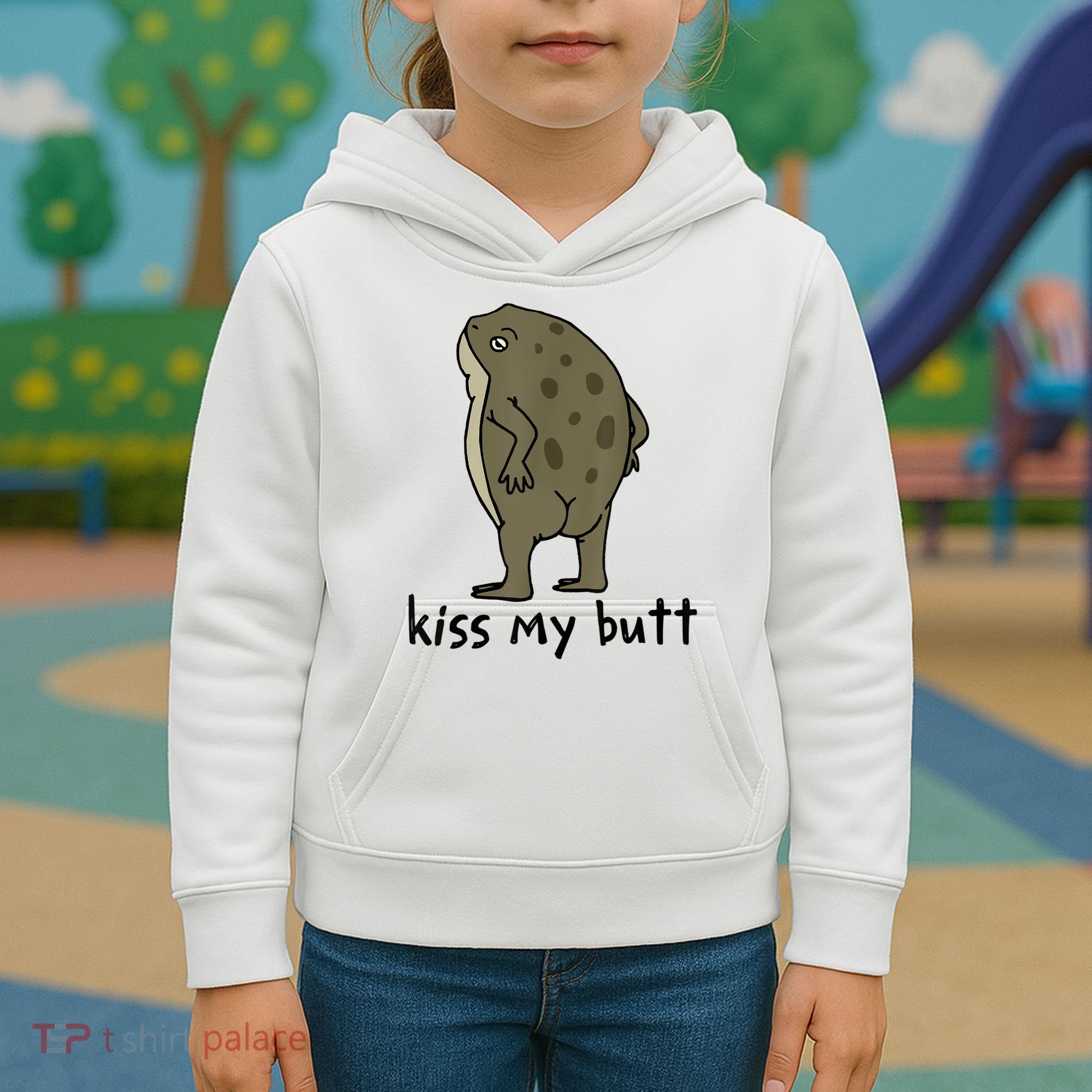 Kiss_My Butt Green Frog Kids Hoodie