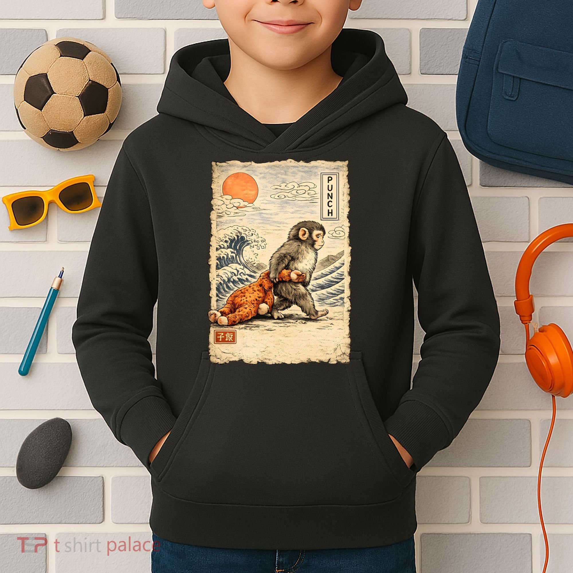 Kawaii Baby Monkey Punch Japanese Art Kids Hoodie