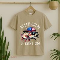 Keep Calm And Cast On Funny Fisherman Fishing Usa Flag Trout T-Shirt thumb 2