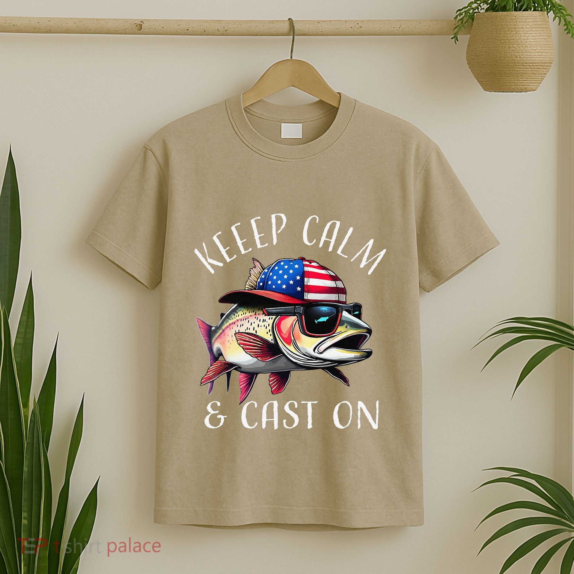 Keep Calm And Cast On Funny Fisherman Fishing Usa Flag Trout T-Shirt