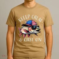 Keep Calm And Cast On Funny Fisherman Fishing Usa Flag Trout T-Shirt thumb 3