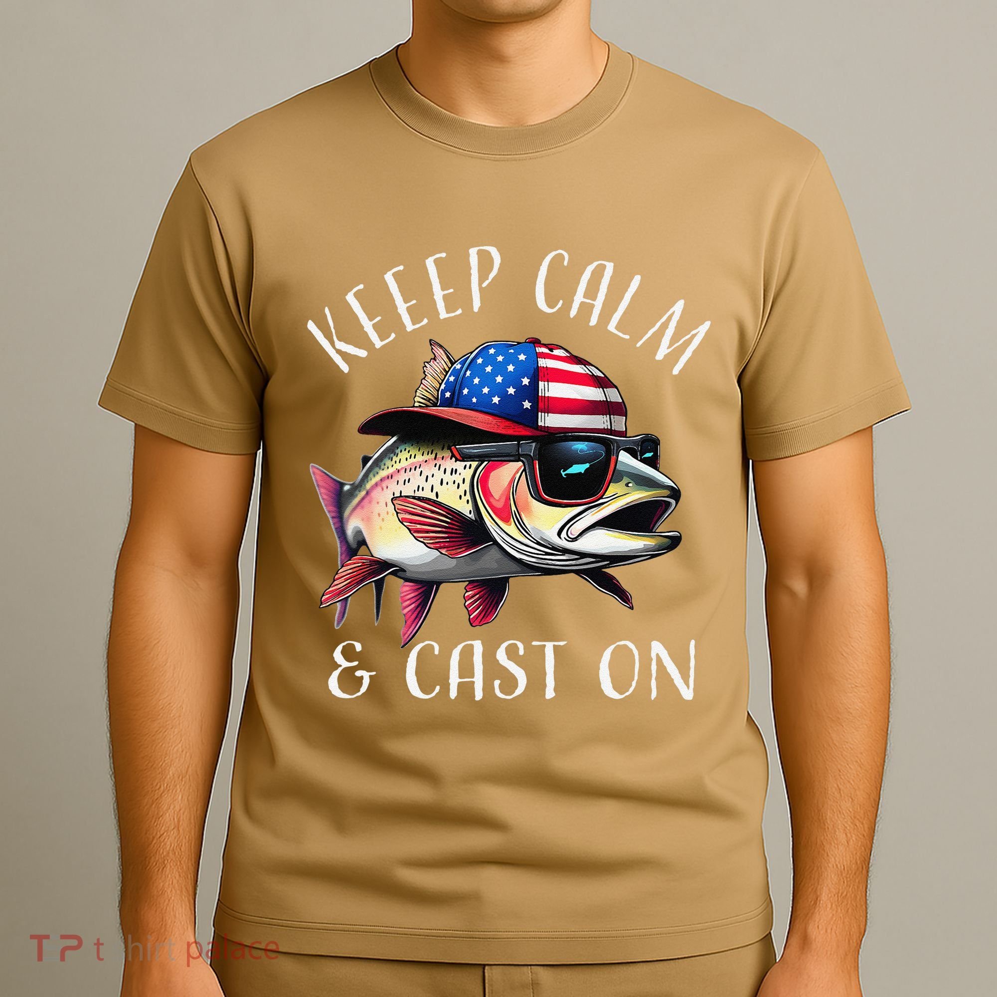 Keep Calm And Cast On Funny Fisherman Fishing Usa Flag Trout T-Shirt
