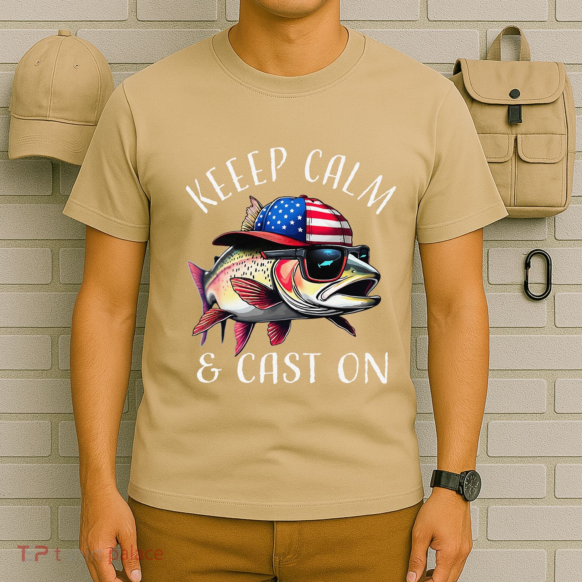 Keep Calm And Cast On Funny Fisherman Fishing Usa Flag Trout T-Shirt