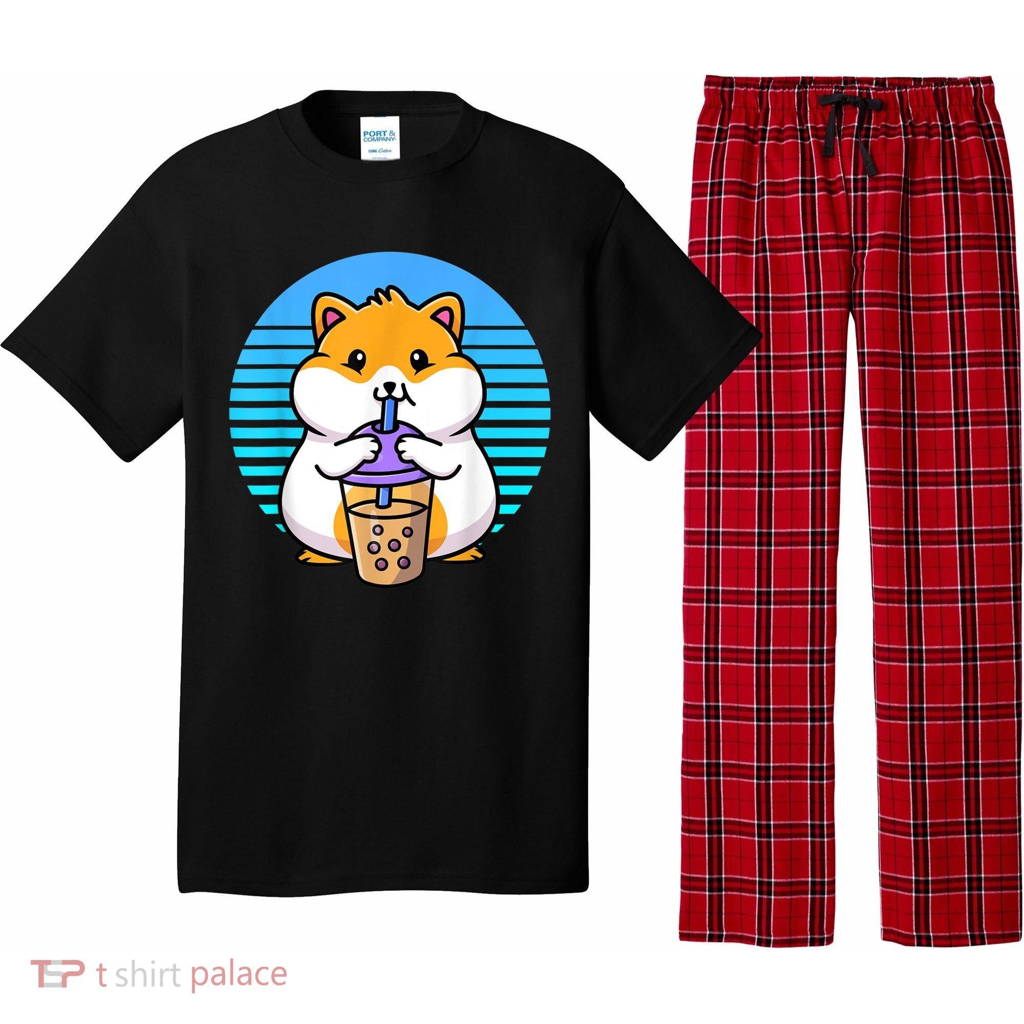 Kawaii Cute Boba Hamster Taro Bubble Pearl Milk Tea Pajama Set
