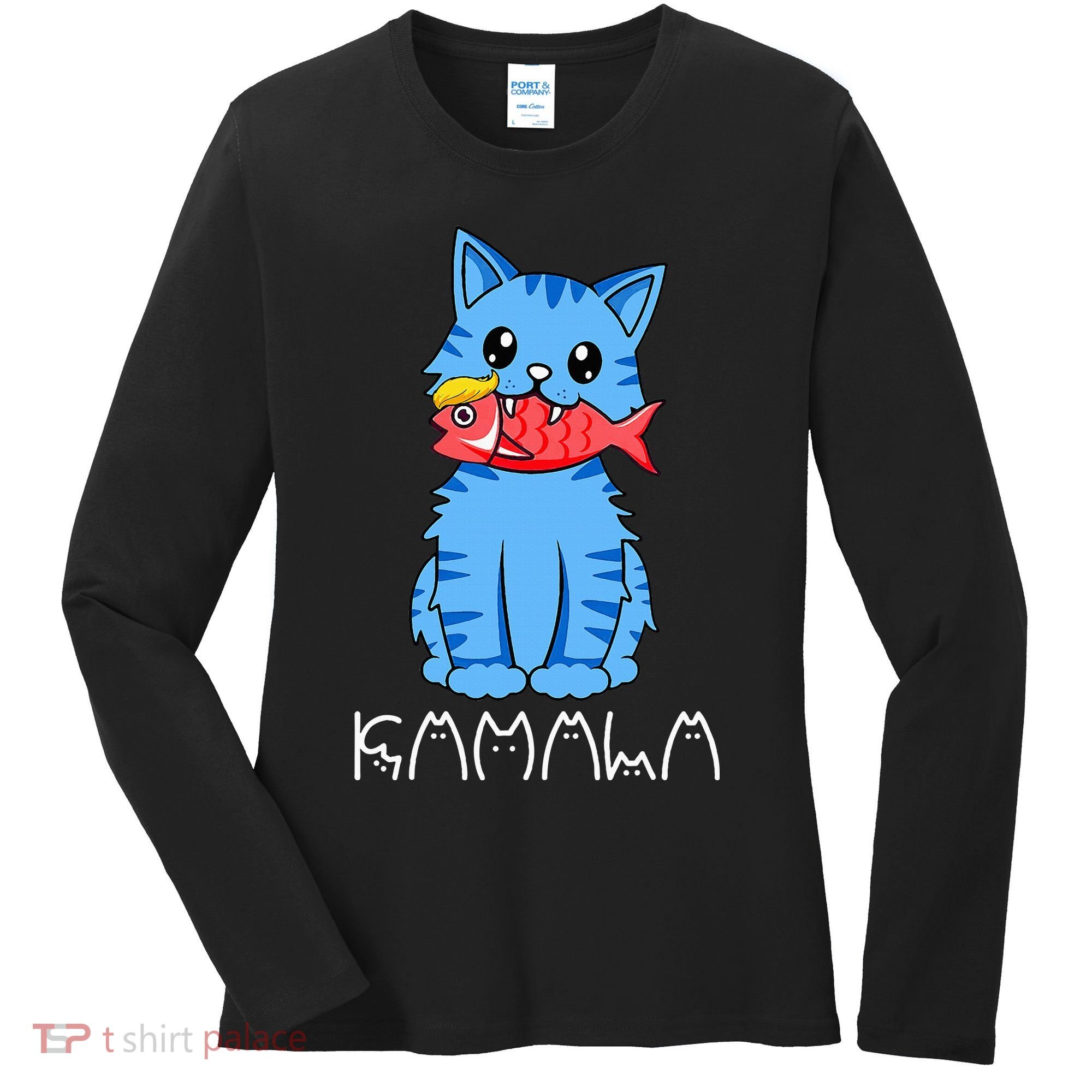 Kamala Cat Eat Fish Funny Harris Trump 2024 Women's Long Sleeve Shirt
