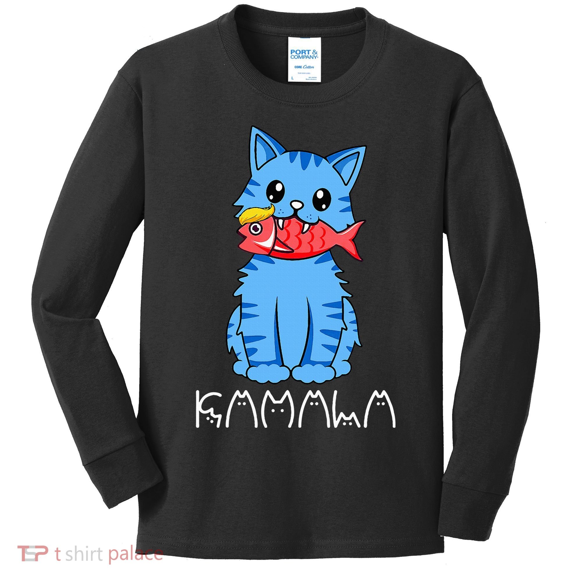 Kamala Cat Eat Fish Funny Harris Trump 2024 Kids Long Sleeve Shirt