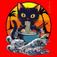 Kawaii Cat Eating Ramen Noodles Japanese Art Anime  Santa Hat thumb 1