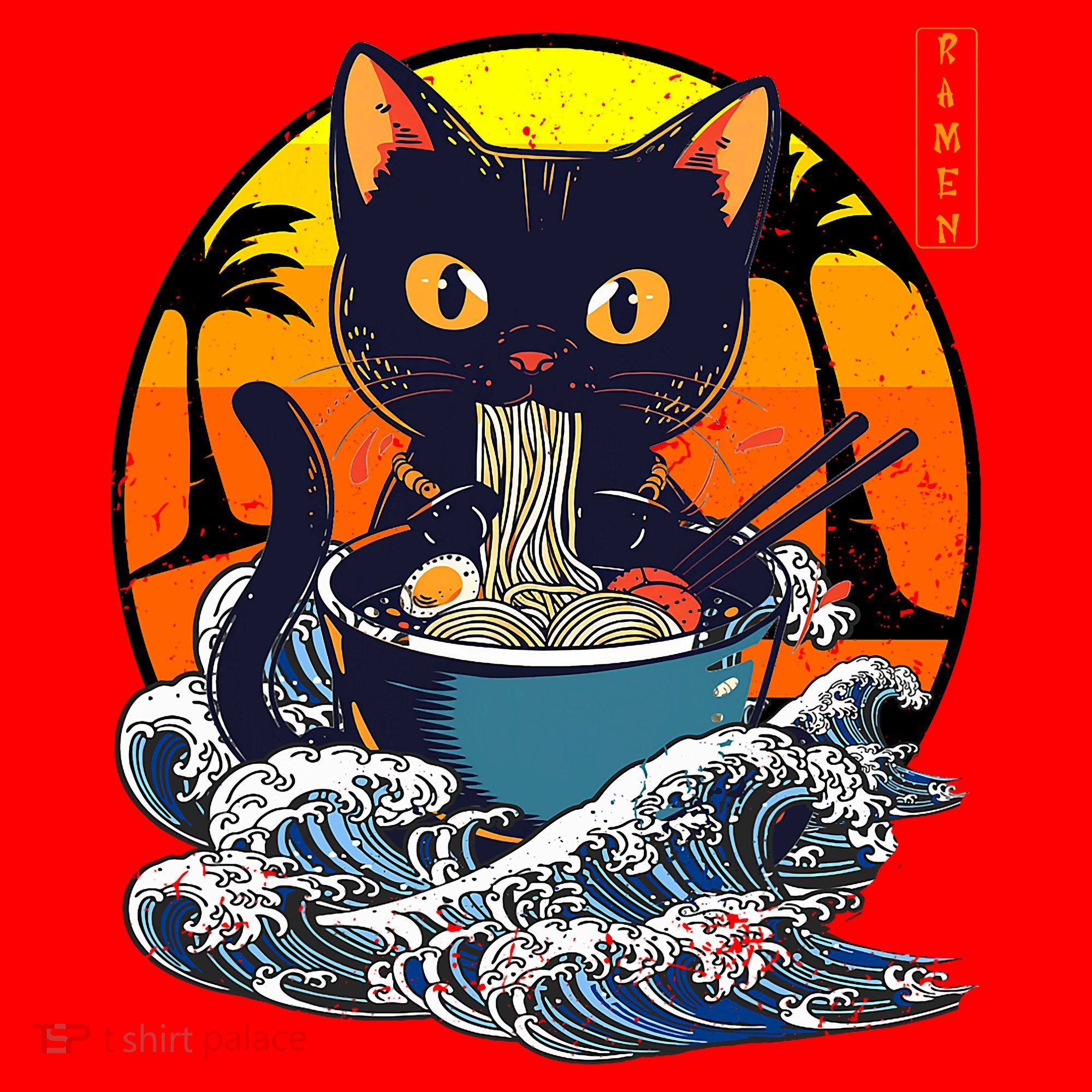 Kawaii Cat Eating Ramen Noodles Japanese Art Anime  Santa Hat