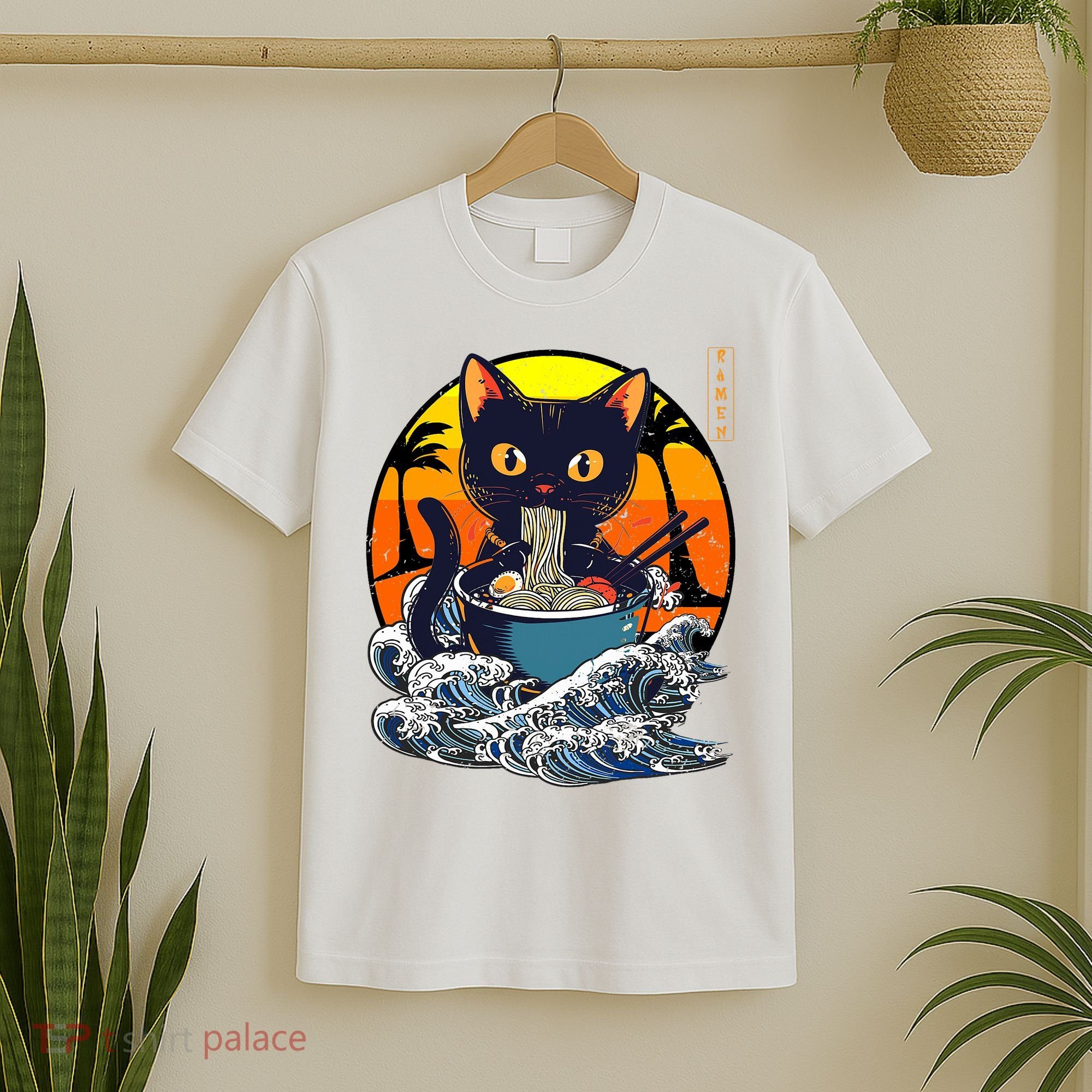 Kawaii Cat Eating Ramen Noodles Japanese Art Anime  T-Shirt