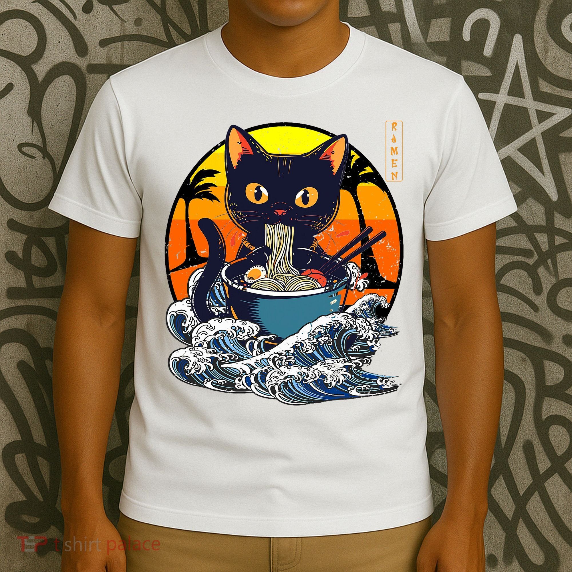 Kawaii Cat Eating Ramen Noodles Japanese Art Anime  T-Shirt
