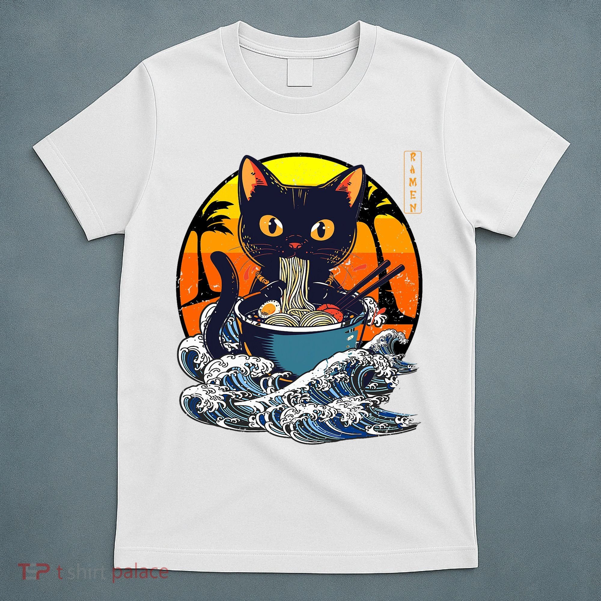 Kawaii Cat Eating Ramen Noodles Japanese Art Anime  T-Shirt