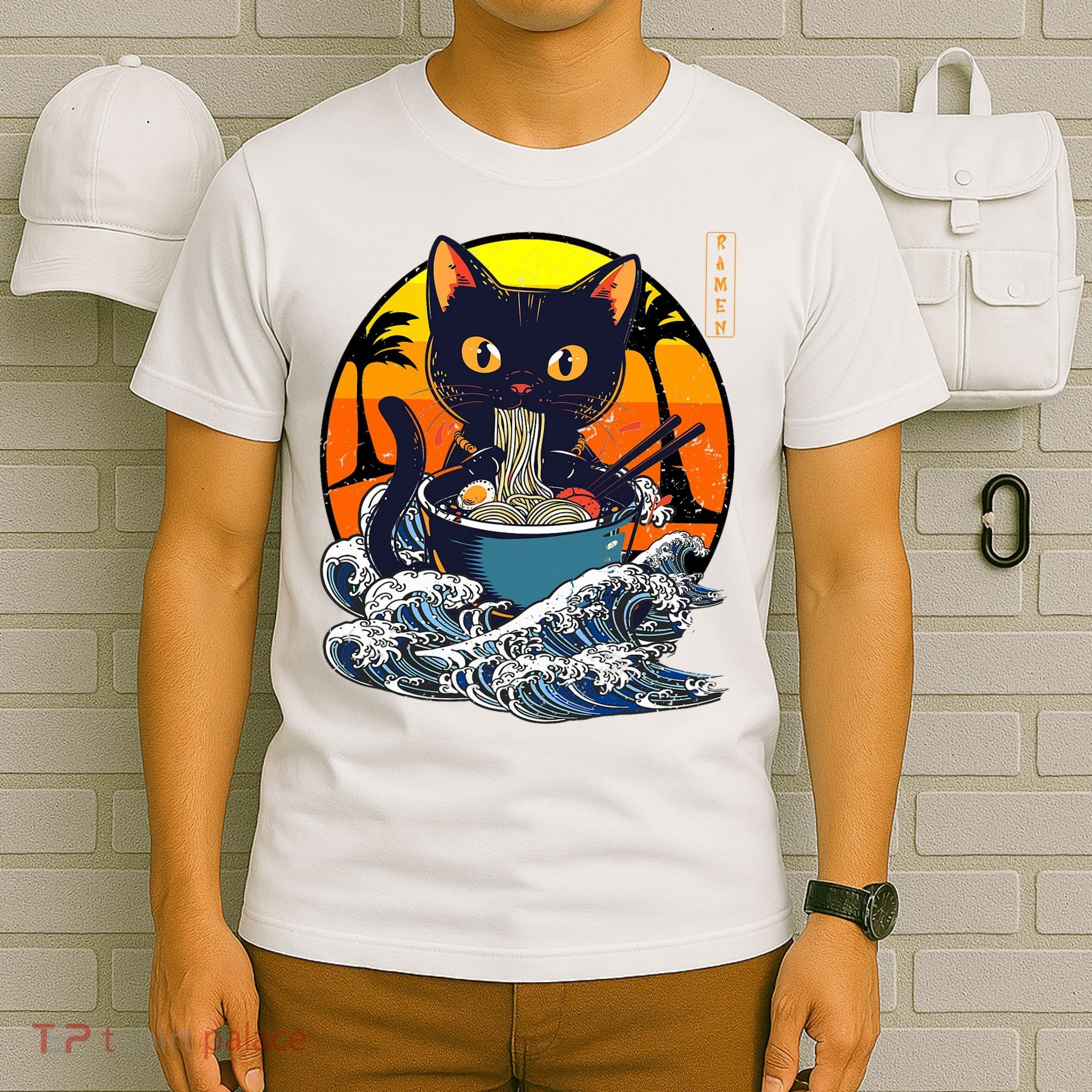 Kawaii Cat Eating Ramen Noodles Japanese Art Anime  T-Shirt