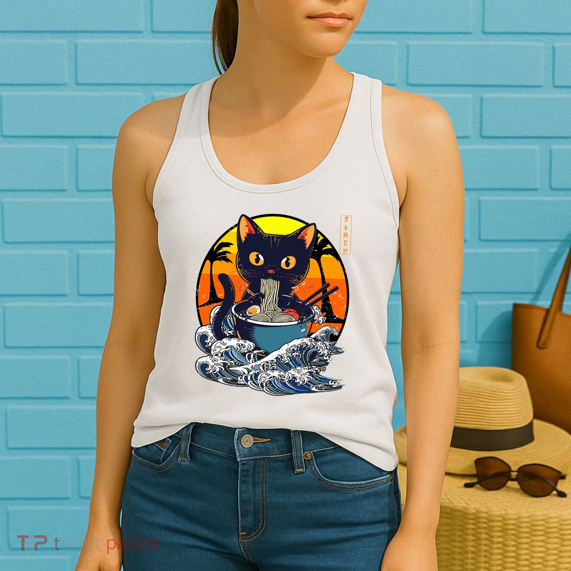 Kawaii Cat Eating Ramen Noodles Japanese Art Anime  Women's Tank Top
