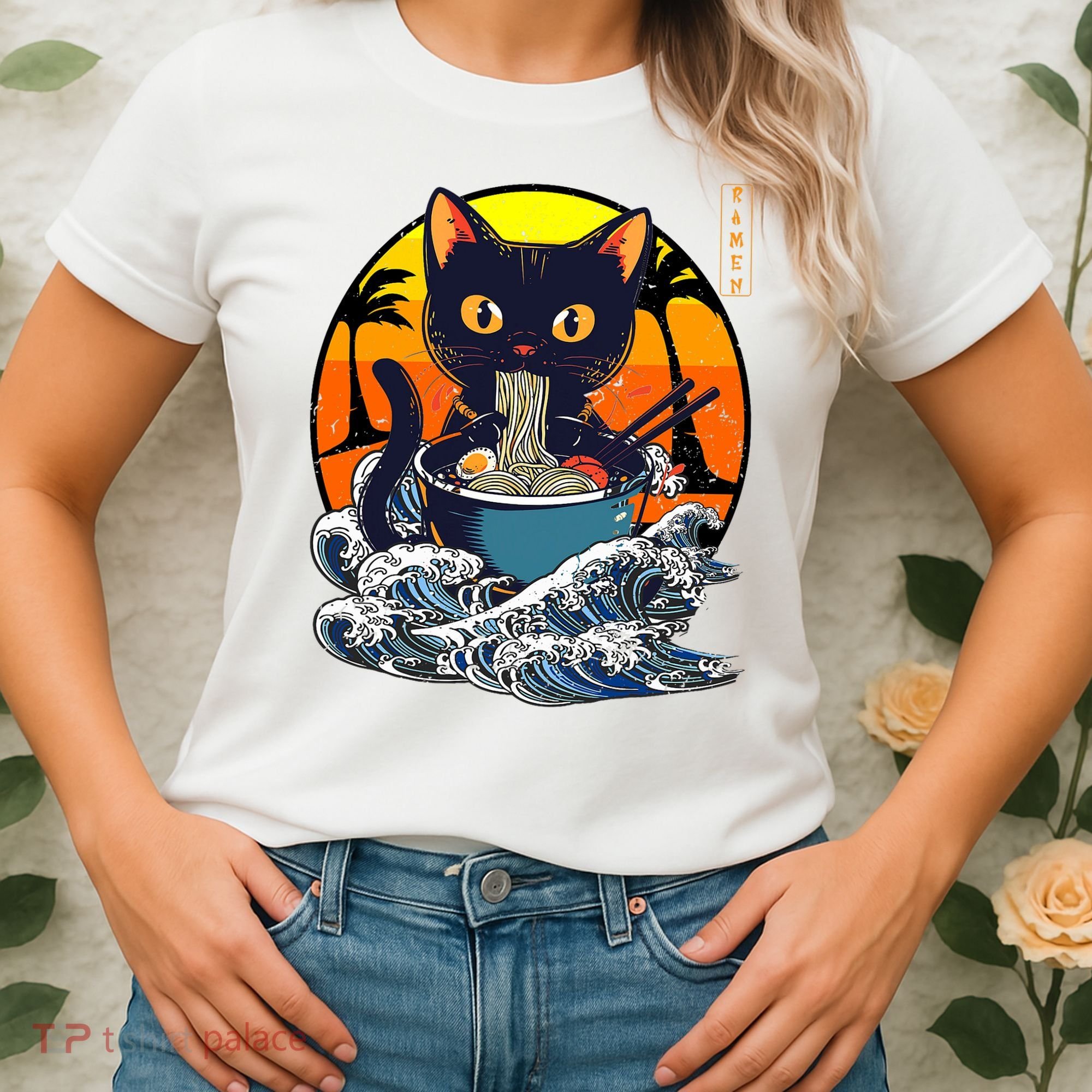 Kawaii Cat Eating Ramen Noodles Japanese Art Anime  Women's T-Shirt
