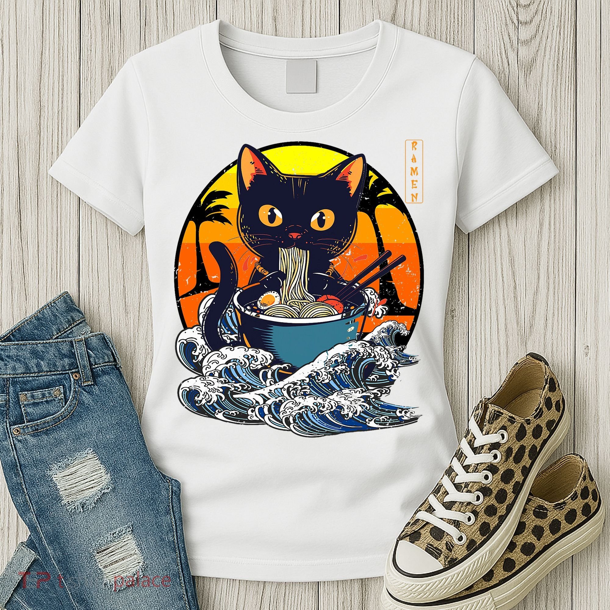 Kawaii Cat Eating Ramen Noodles Japanese Art Anime  Women's T-Shirt