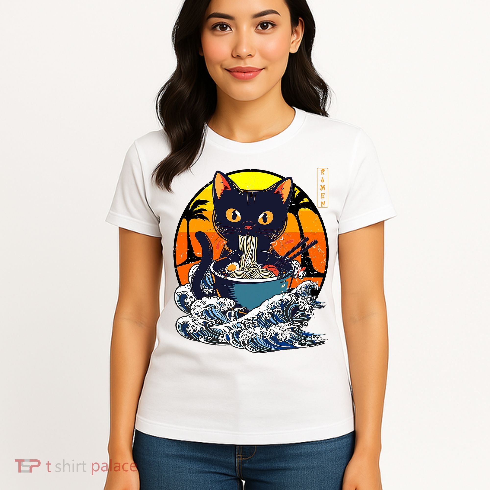 Kawaii Cat Eating Ramen Noodles Japanese Art Anime  Women's T-Shirt