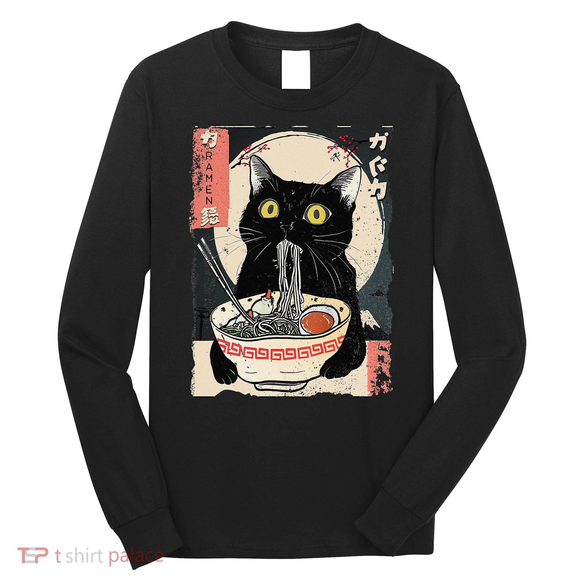 Kawaii Cat Eating Ramen Noodles Funny Anime Gift Long Sleeve Shirt