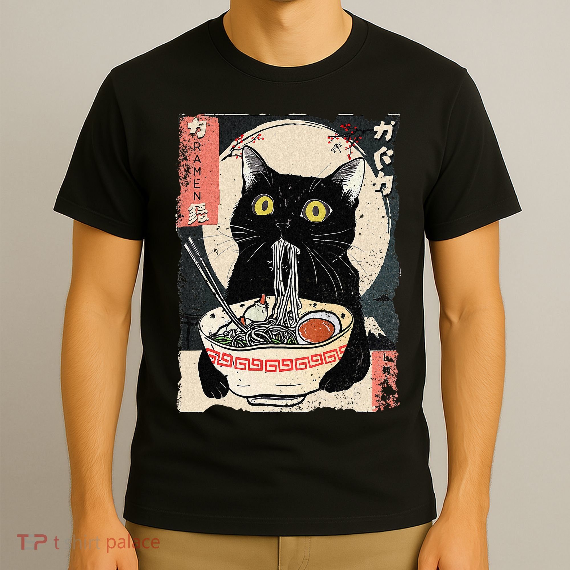 Kawaii Cat Eating Ramen Noodles Funny Anime Gift T-Shirt