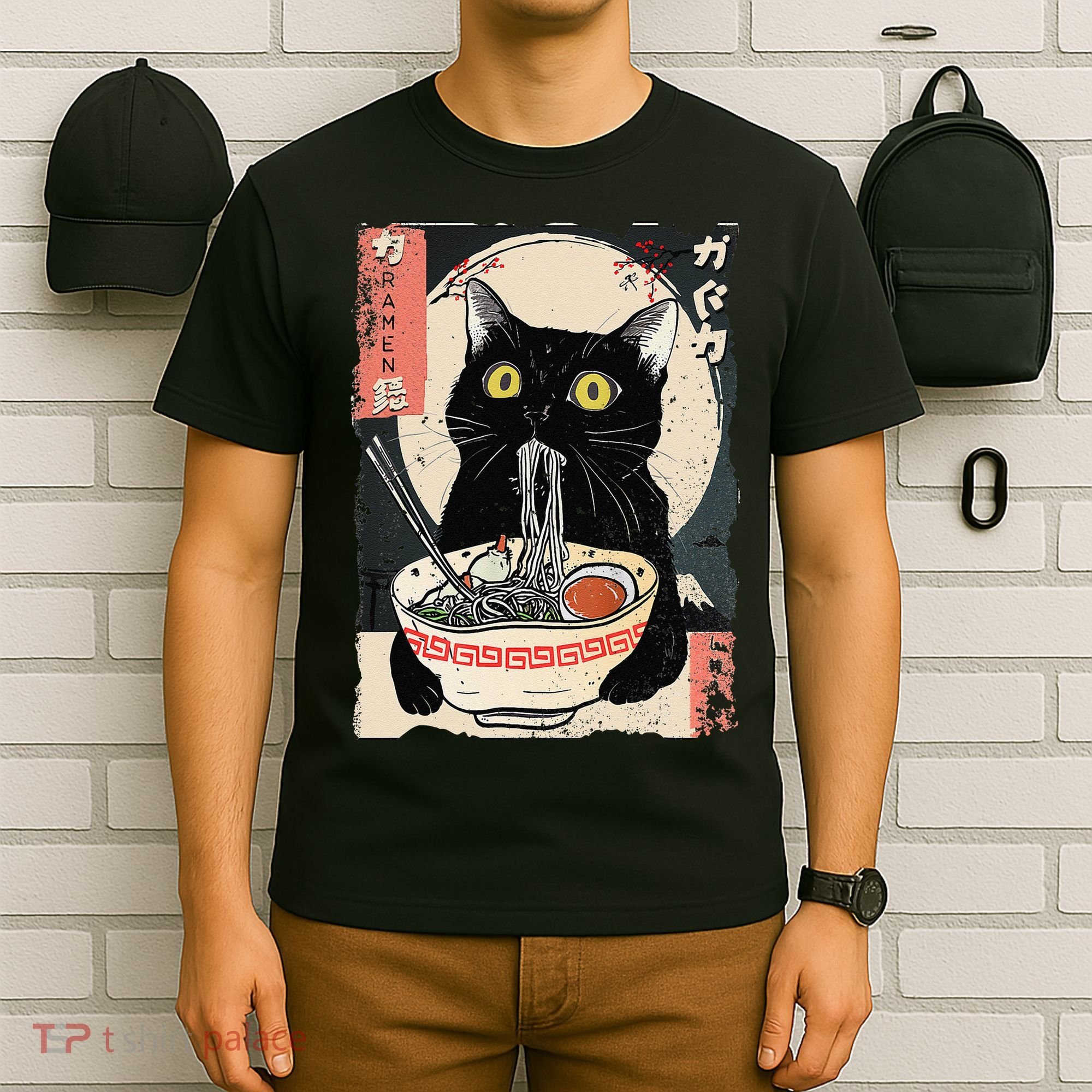 Kawaii Cat Eating Ramen Noodles Funny Anime Gift T-Shirt